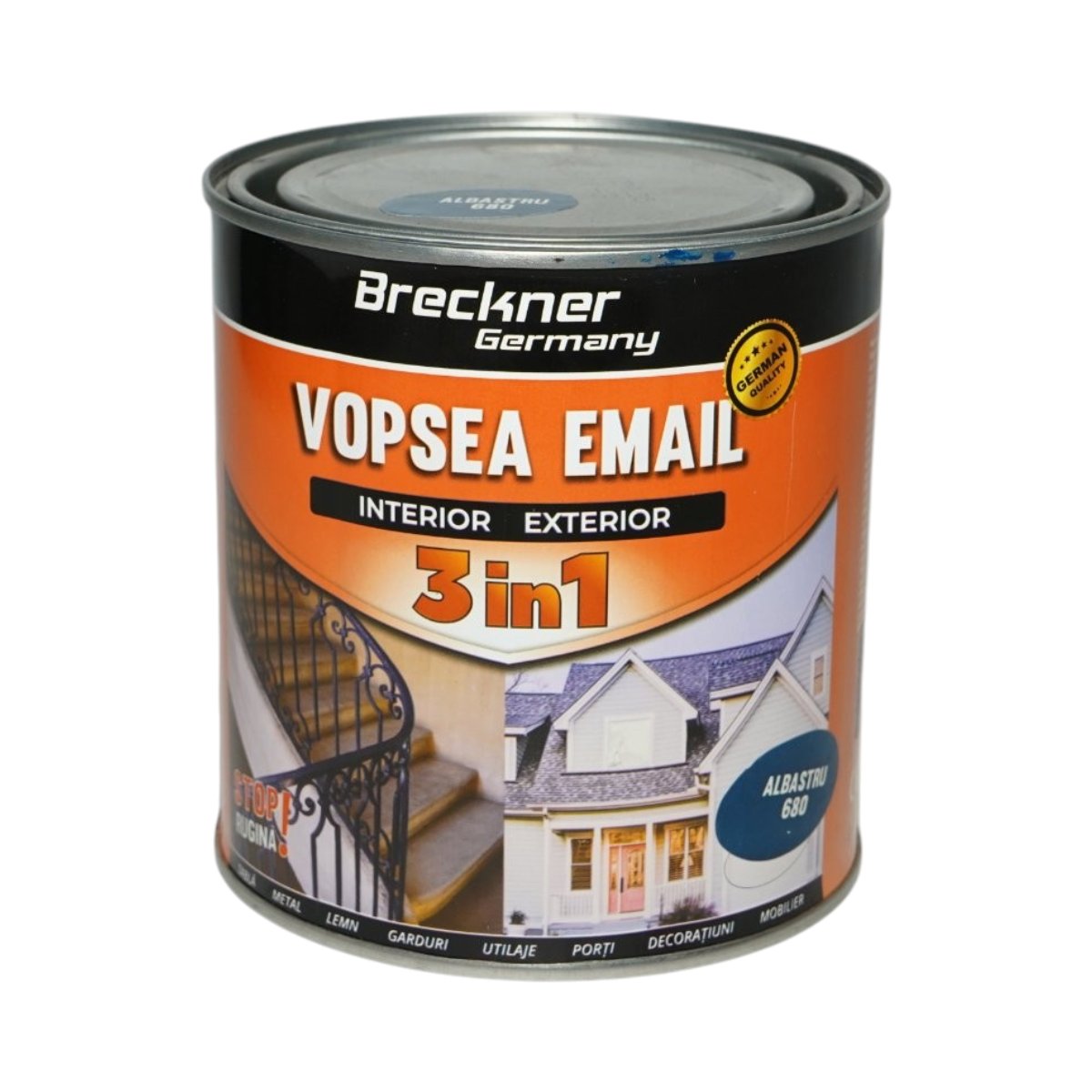 Vopsea email anticoroziva 3 in 1 albastru 680 pe baza de solvent 1L, direct pe rugina, interior si exterior Breckner Germany