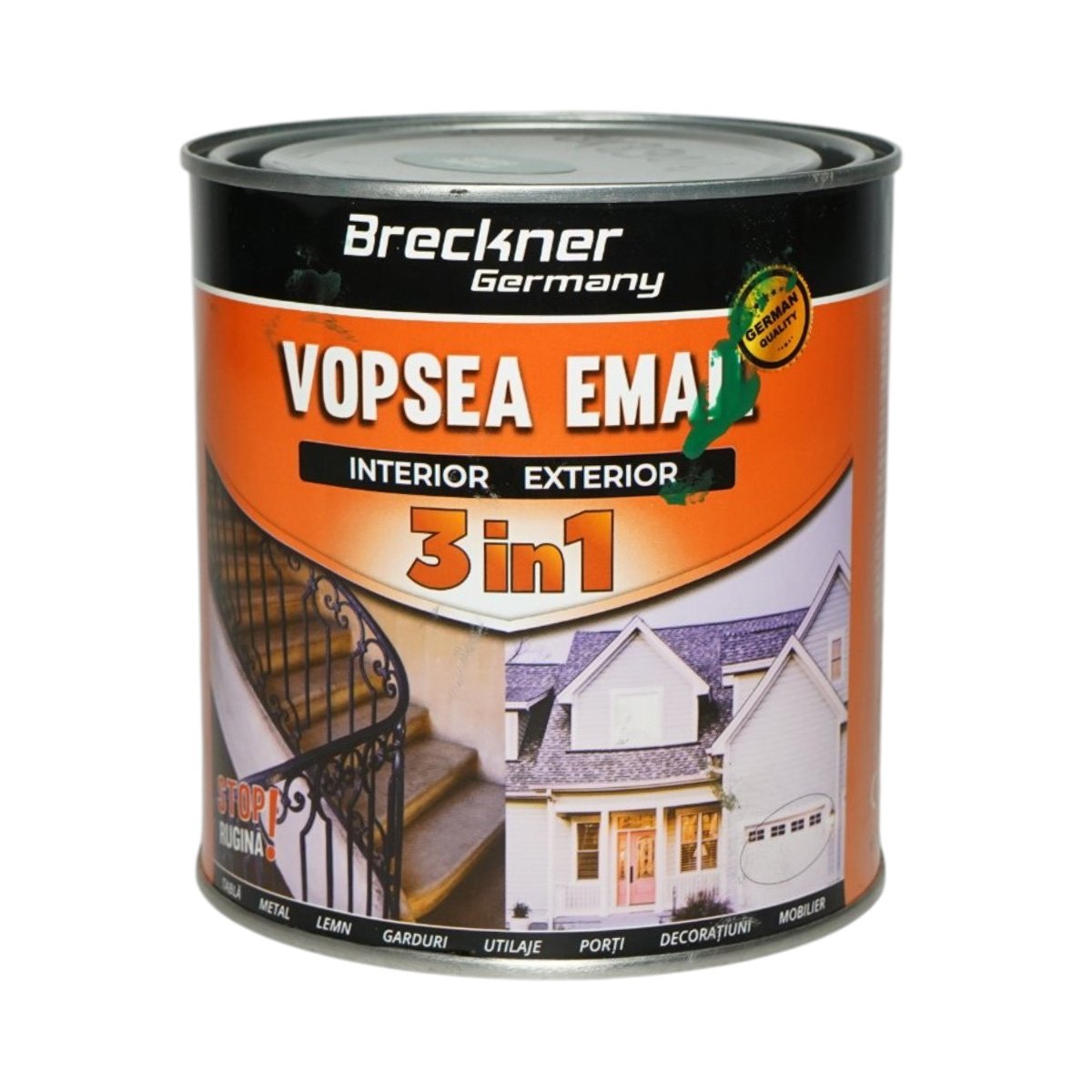 Vopsea email anticoroziva 3 in 1 verde 6016 pe baza de solvent 1L, direct pe rugina, interior si exterior Breckner Germany