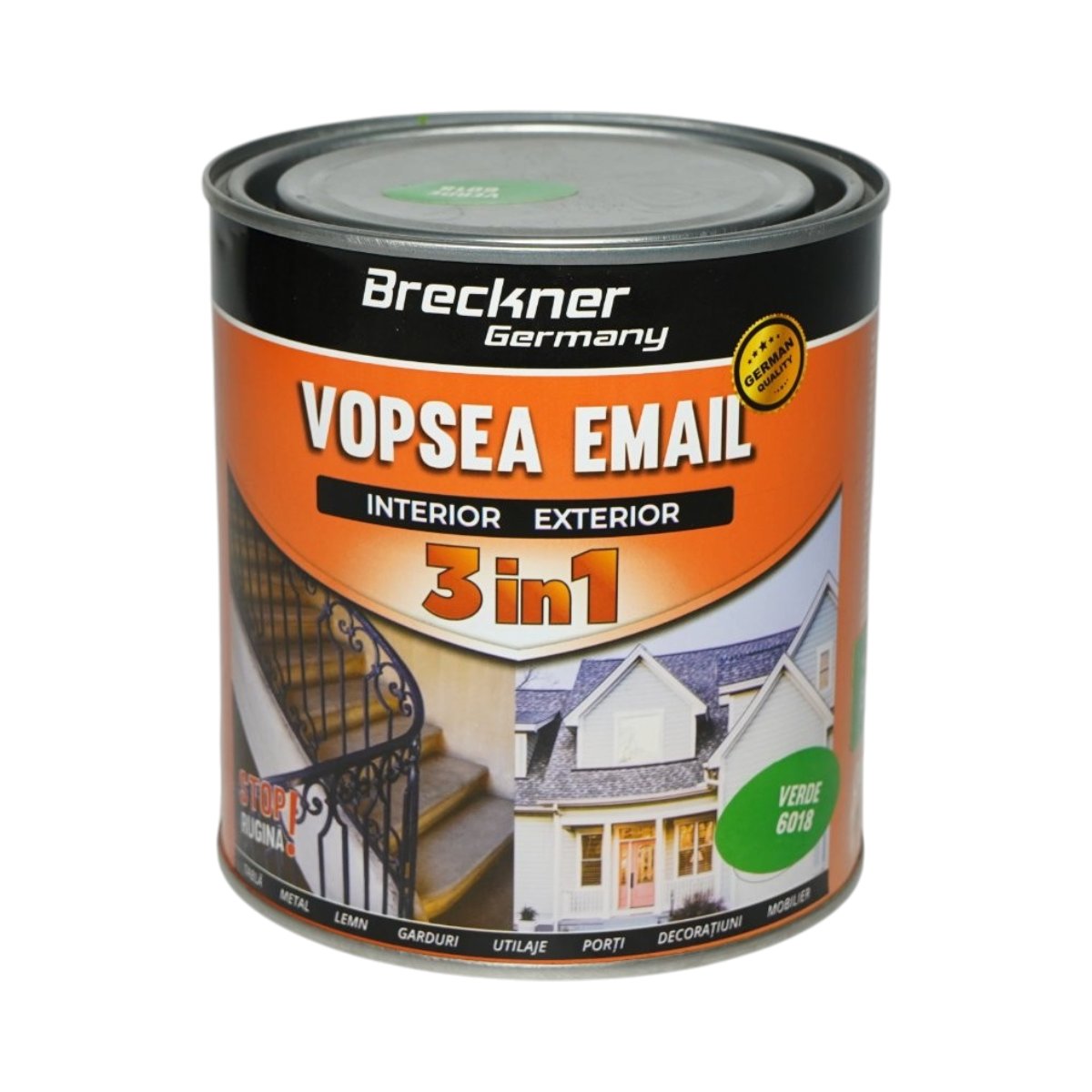 Vopsea email anticoroziva 3 in 1 verde 6018 pe baza de solvent 1L, direct pe rugina, interior si exterior Breckner Germany