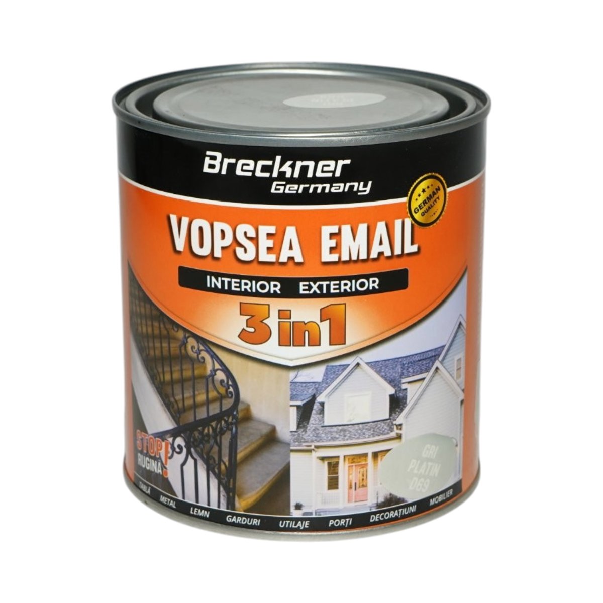 Vopsea email anticoroziva 3 in 1 gri platin D69 pe baza de solvent 1L, direct pe rugina, interior si exterior Breckner Germany