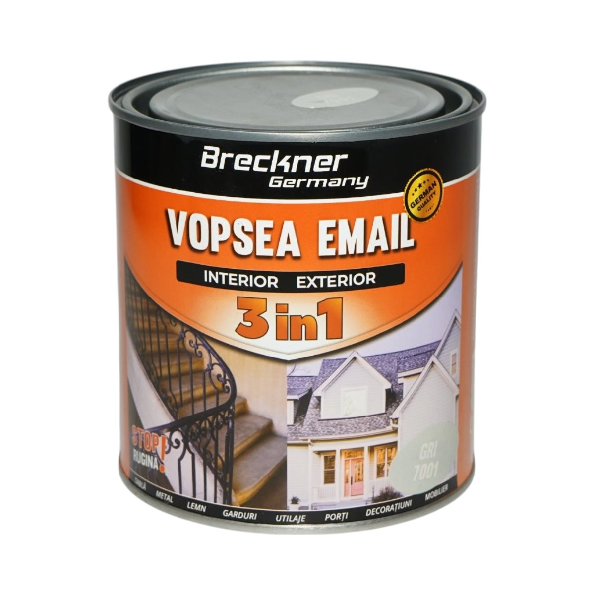 Vopsea email anticoroziva 3 in 1 gri 7001 pe baza de solvent 1L, direct pe rugina, interior si exterior Breckner Germany