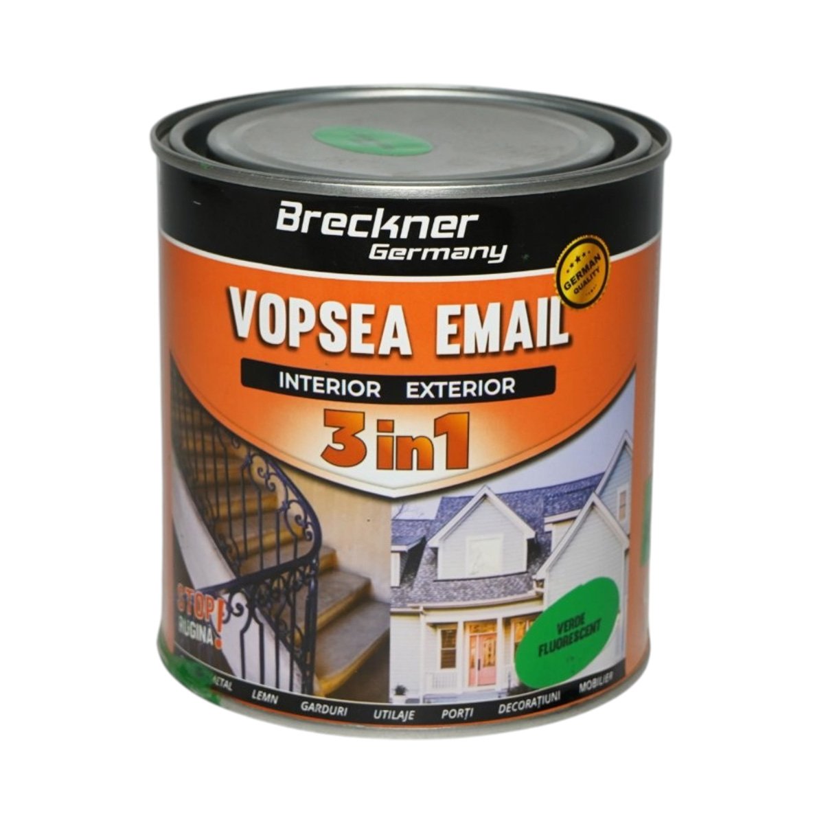 Vopsea email anticoroziva 3 in 1 verde fluorescent pe baza de solvent 1L, direct pe rugina, interior si exterior Breckner Germany