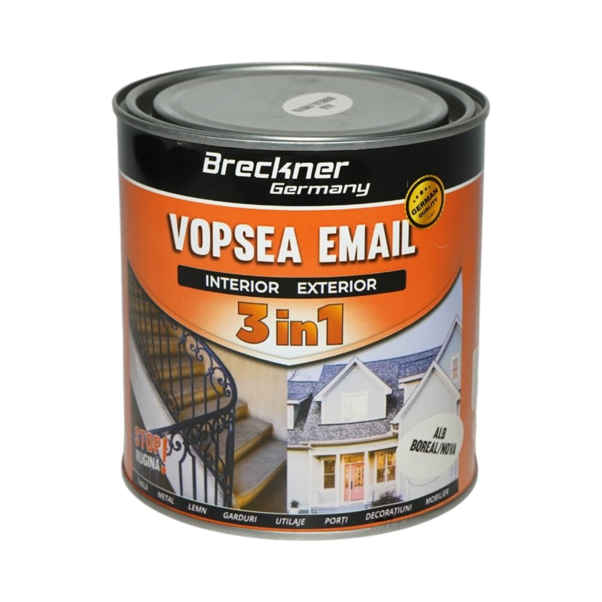 Vopsea email anticoroziva 3 in 1 alb boreal nova pe baza de solvent 1L, direct pe rugina, interior si exterior Breckner Germany