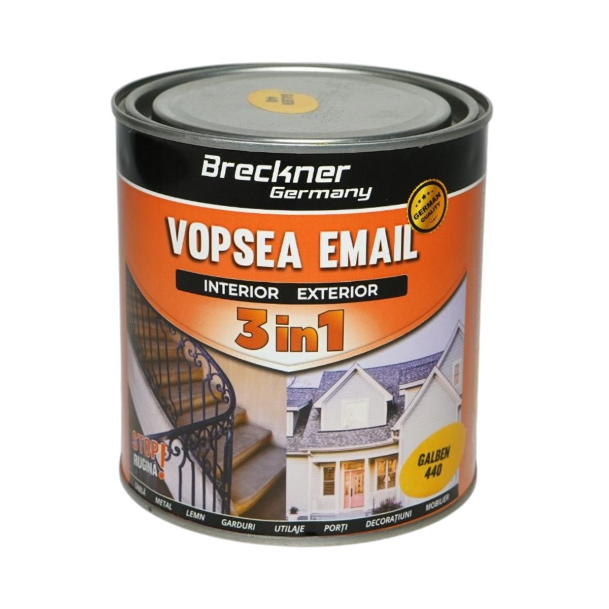 Vopsea email anticoroziva 3 in 1 galben 440 pe baza de solvent 1L, direct pe rugina, interior si exterior Breckner Germany