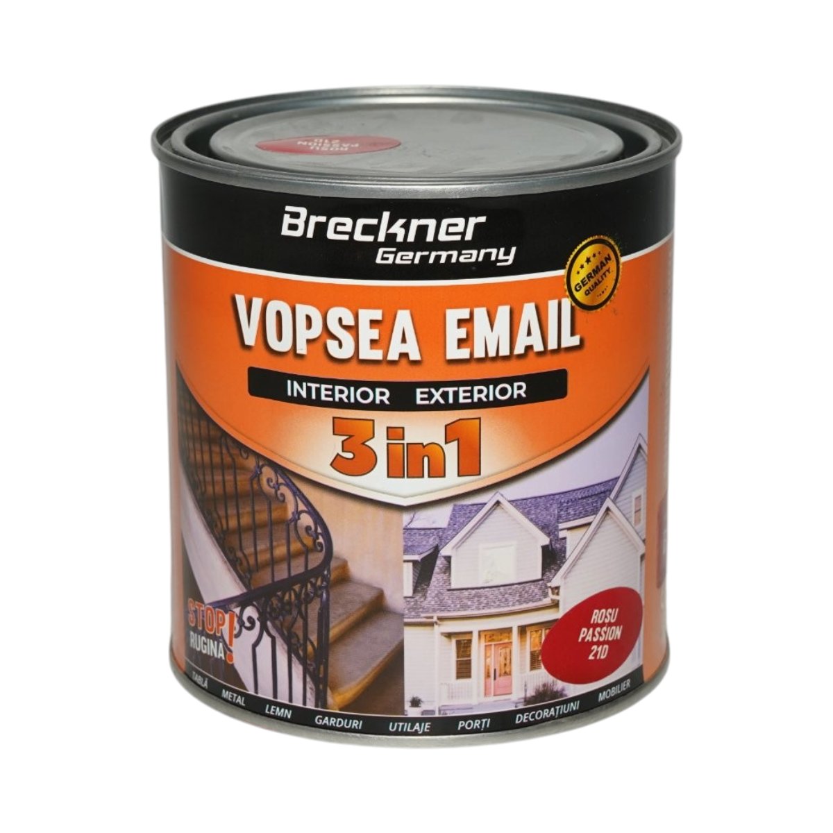 Vopsea email anticoroziva 3 in 1 rosu passion 21D pe baza de solvent 1L, direct pe rugina, interior si exterior Breckner Germany