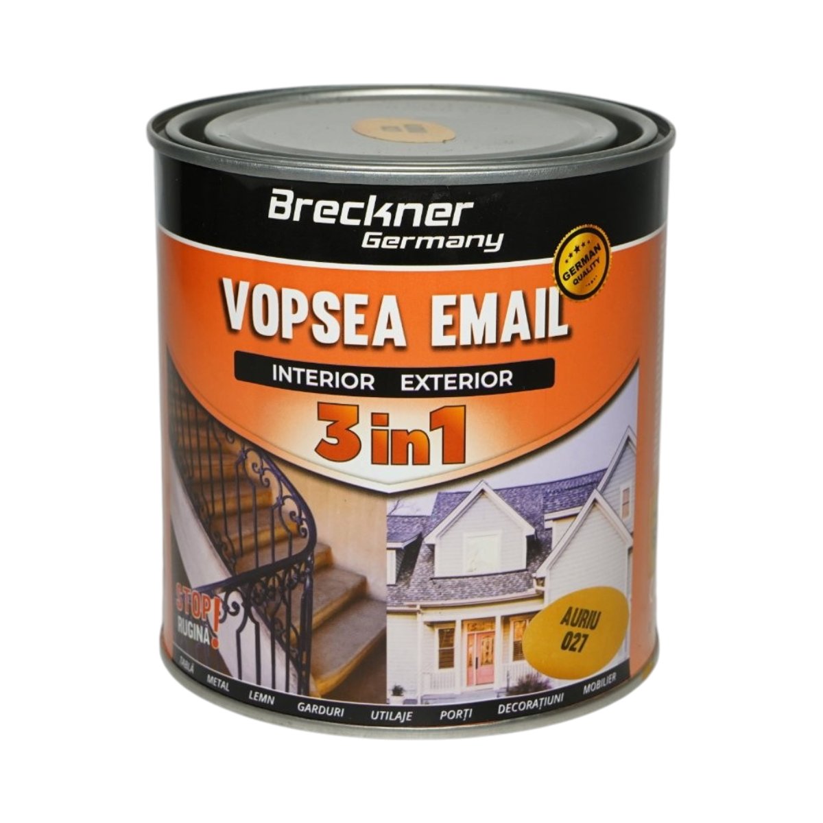Vopsea email anticoroziva 3 in 1 auriu 027 pe baza de solvent 1L, direct pe rugina, interior si exterior Breckner Germany