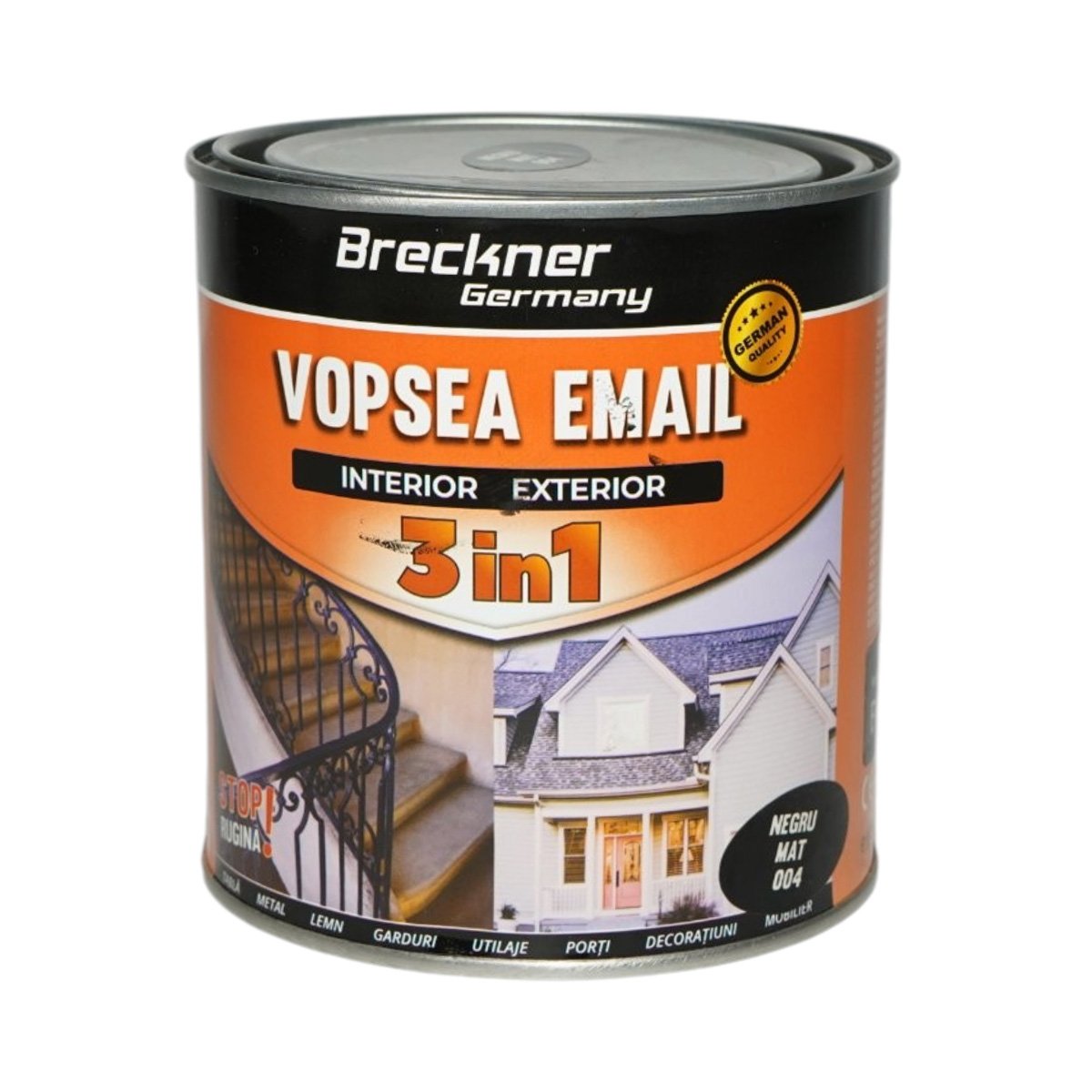 Vopsea email anticoroziva 3 in 1 negru mat 004 pe baza de solvent 1L, direct pe rugina, interior si exterior Breckner Germany