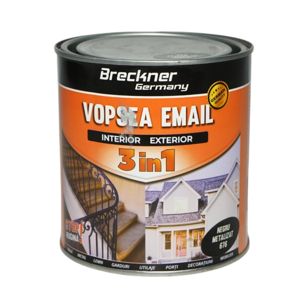 Vopsea email anticoroziva 3 in 1 negru metalizat 676 pe baza de solvent 1L, direct pe rugina, interior si exterior Breckner Germany