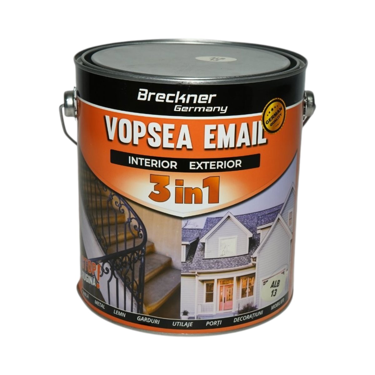 Vopsea email anticoroziva 3 in 1 alb 013 pe baza de solvent 3.5L, direct pe rugina, interior si exterior Breckner Germany