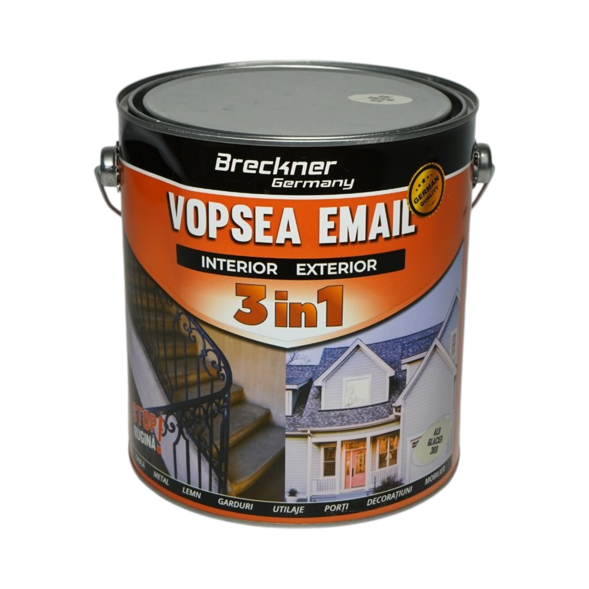 Vopsea email anticoroziva 3 in 1 alb glacier 369 pe baza de solvent 3.5L, direct pe rugina, interior si exterior Breckner Germany
