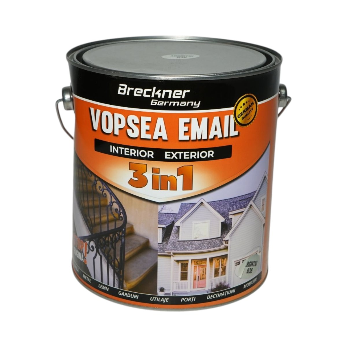 Vopsea email anticoroziva 3 in 1 argintiu 036 pe baza de solvent 3.5L, direct pe rugina, interior si exterior Breckner Germany