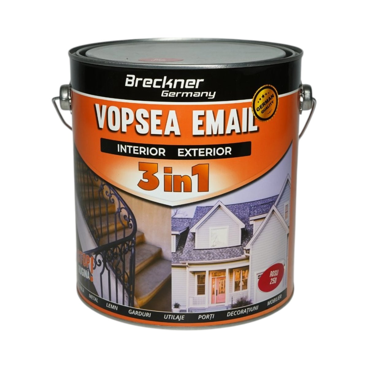 Vopsea email anticoroziva 3 in 1 rosu 250 pe baza de solvent 3.5L, direct pe rugina, interior si exterior Breckner Germany
