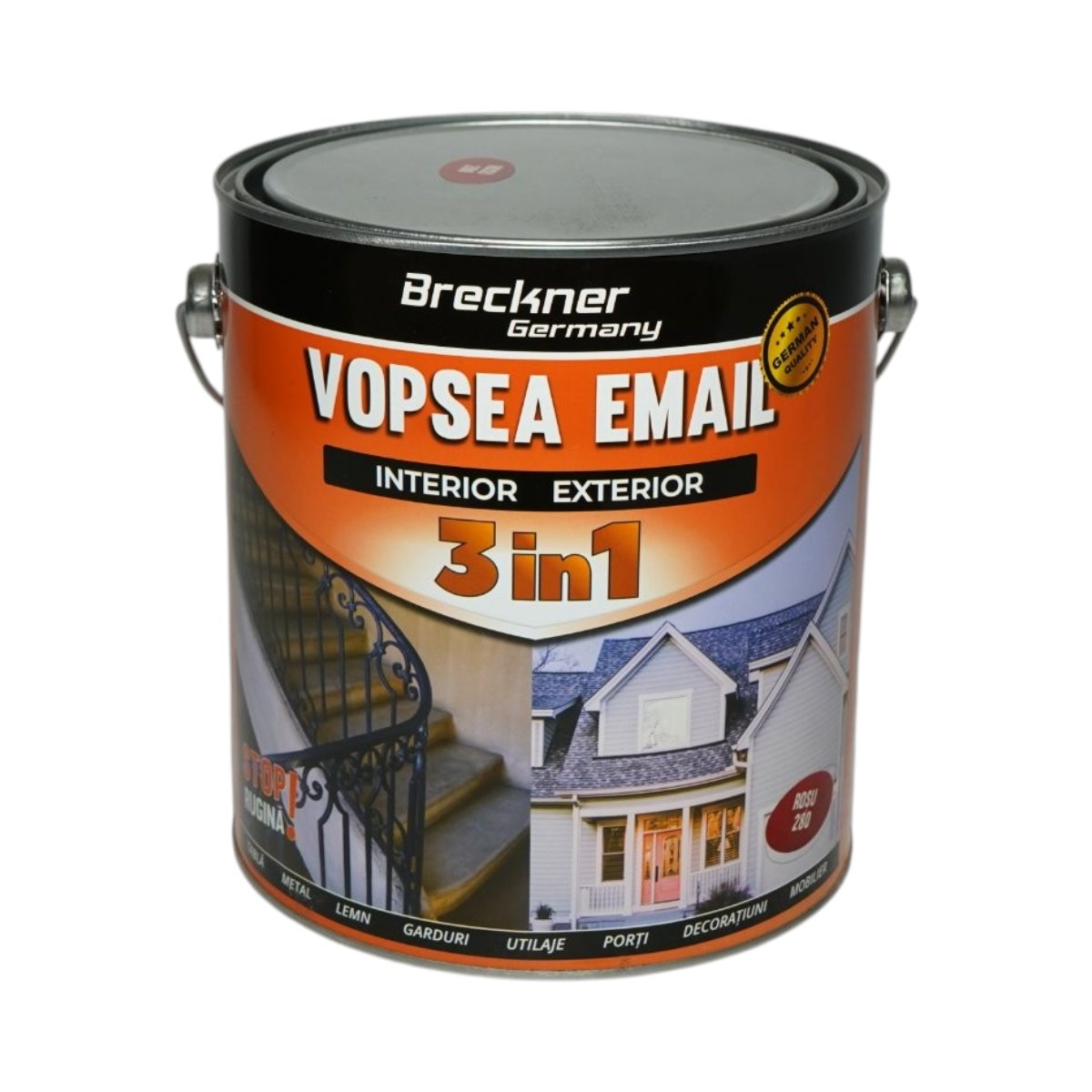 Vopsea email anticoroziva 3 in 1 rosu 280 pe baza de solvent 3.5L, direct pe rugina, interior si exterior Breckner Germany
