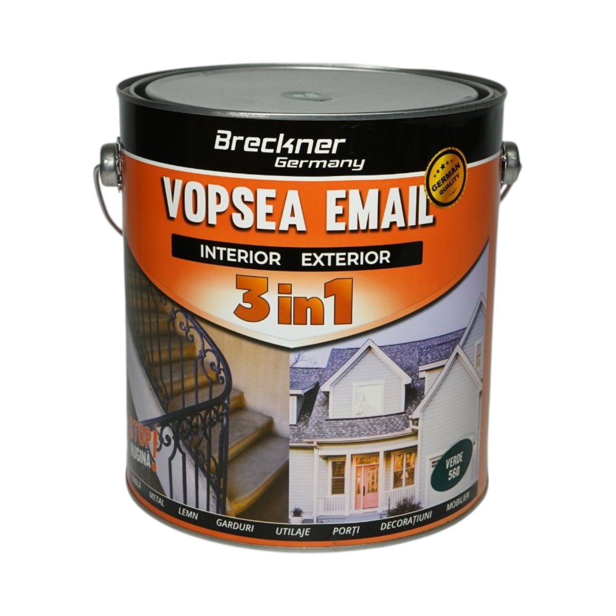 Vopsea email anticoroziva 3 in 1 verde 560 pe baza de solvent 3.5L, direct pe rugina, interior si exterior Breckner Germany