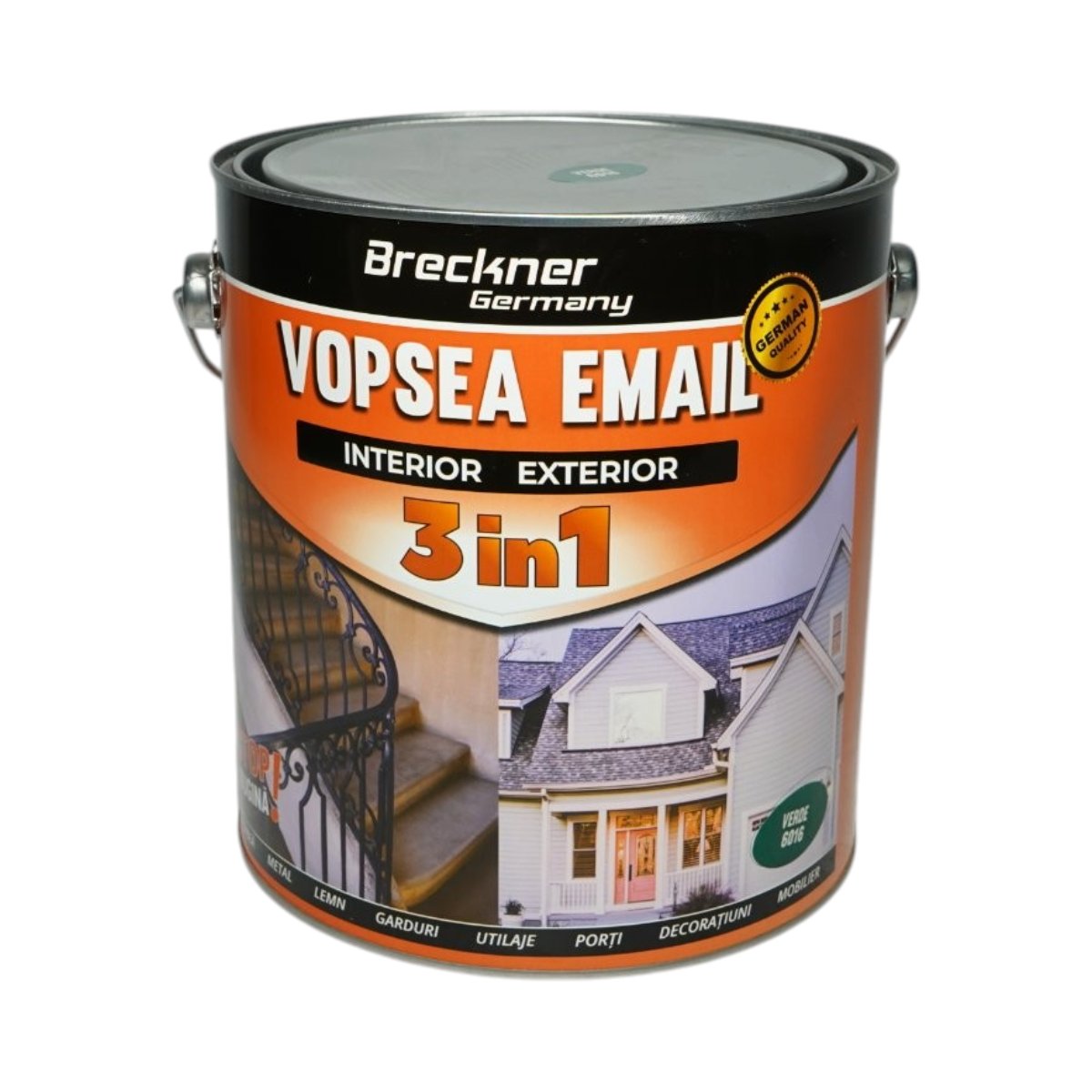 Vopsea email anticoroziva 3 in 1 verde 6016 pe baza de solvent 3.5L, direct pe rugina, interior si exterior Breckner Germany