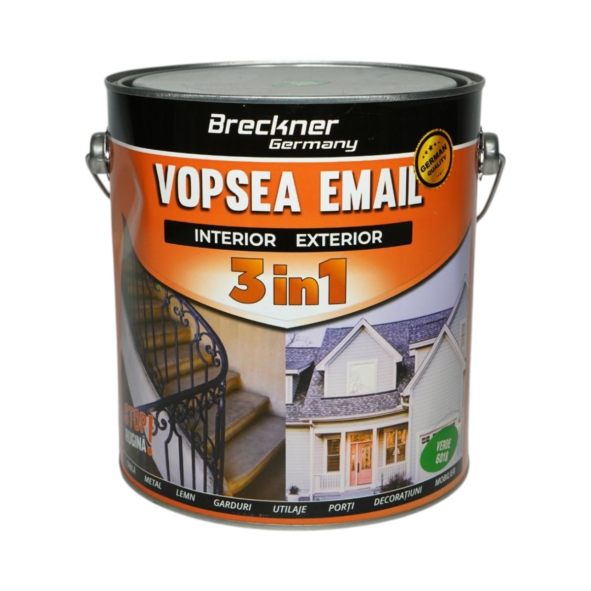 Vopsea email anticoroziva 3 in 1 verde 6018 pe baza de solvent 3.5L, direct pe rugina, interior si exterior Breckner Germany