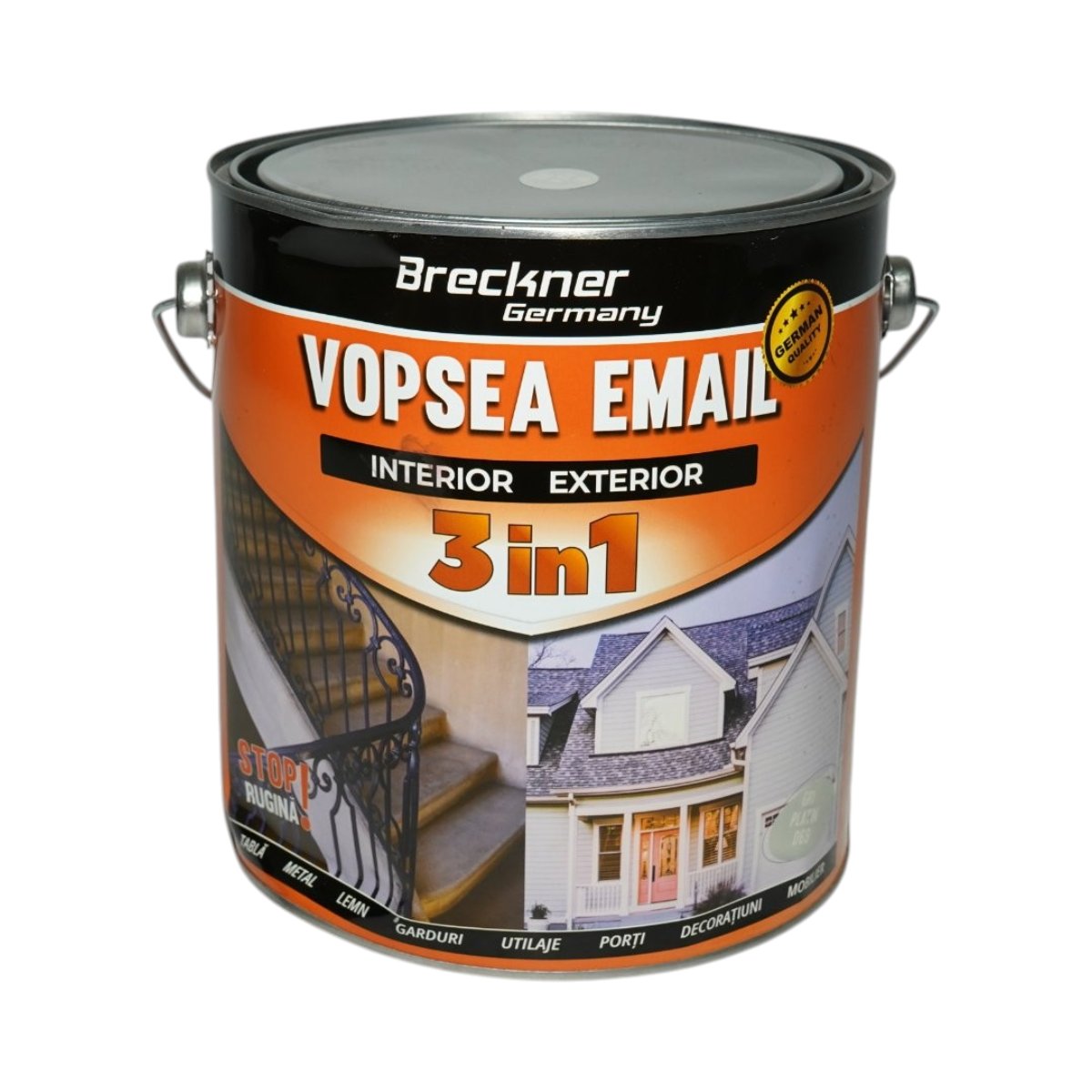 Vopsea email anticoroziva 3 in 1 gri platin D69 pe baza de solvent 3.5L, direct pe rugina, interior si exterior Breckner Germany