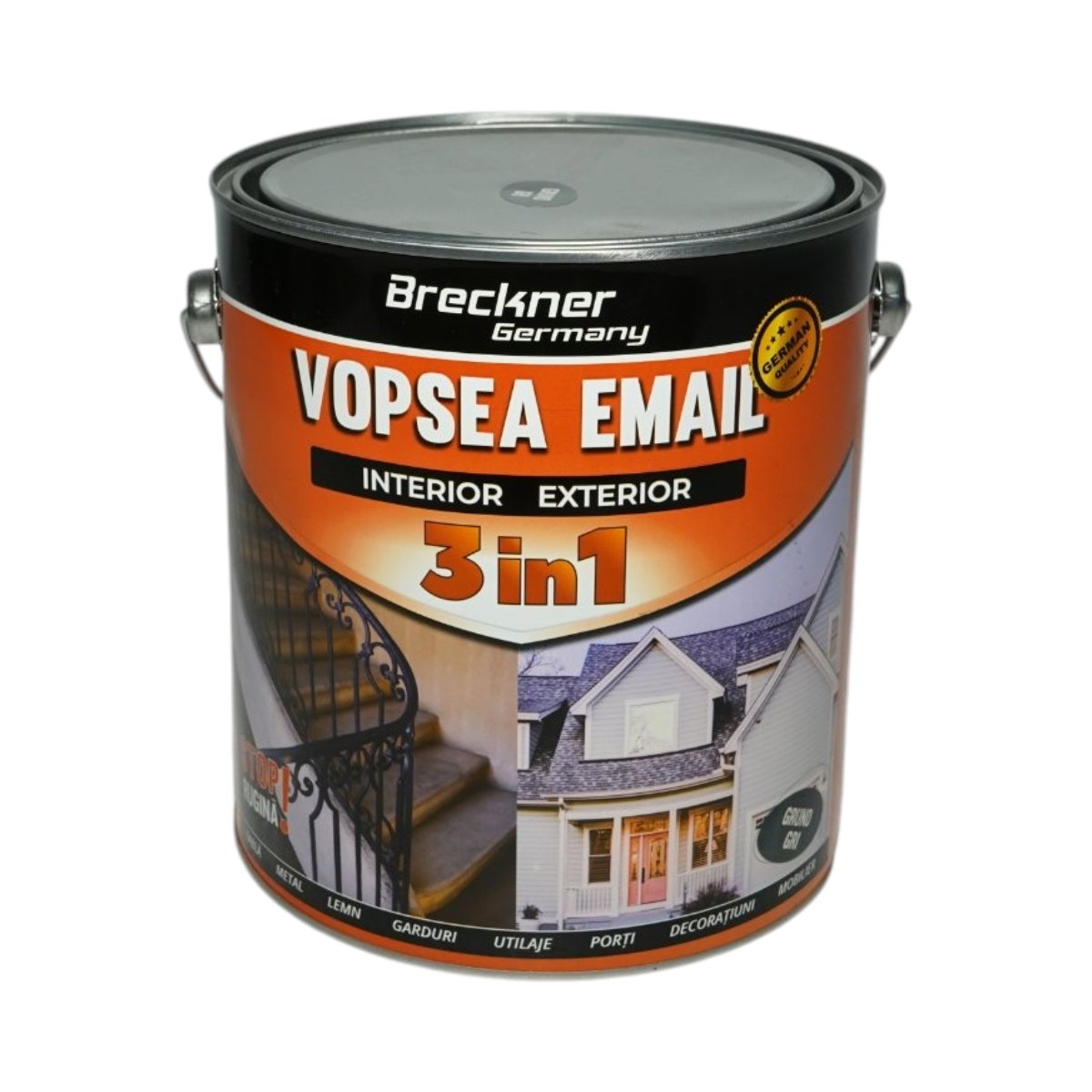 Vopsea email anticoroziva 3 in 1 grund gri pe baza de solvent 3.5L, direct pe rugina, interior si exterior Breckner Germany