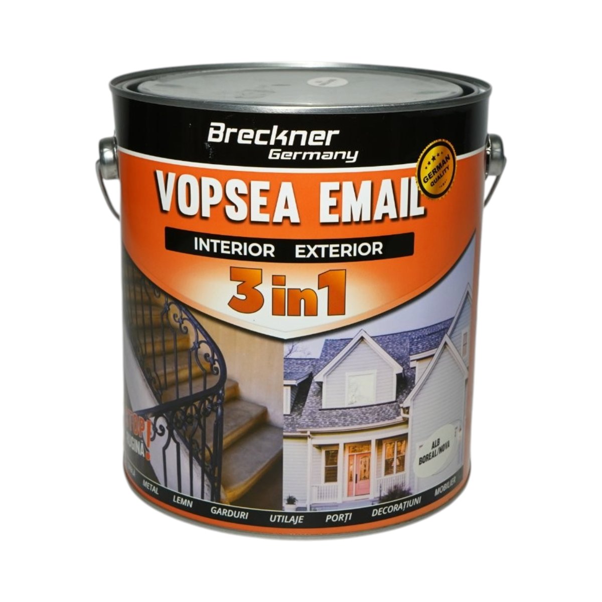 Vopsea email anticoroziva 3 in 1 alb boreal nova pe baza de solvent 3.5L, direct pe rugina, interior si exterior Breckner Germany