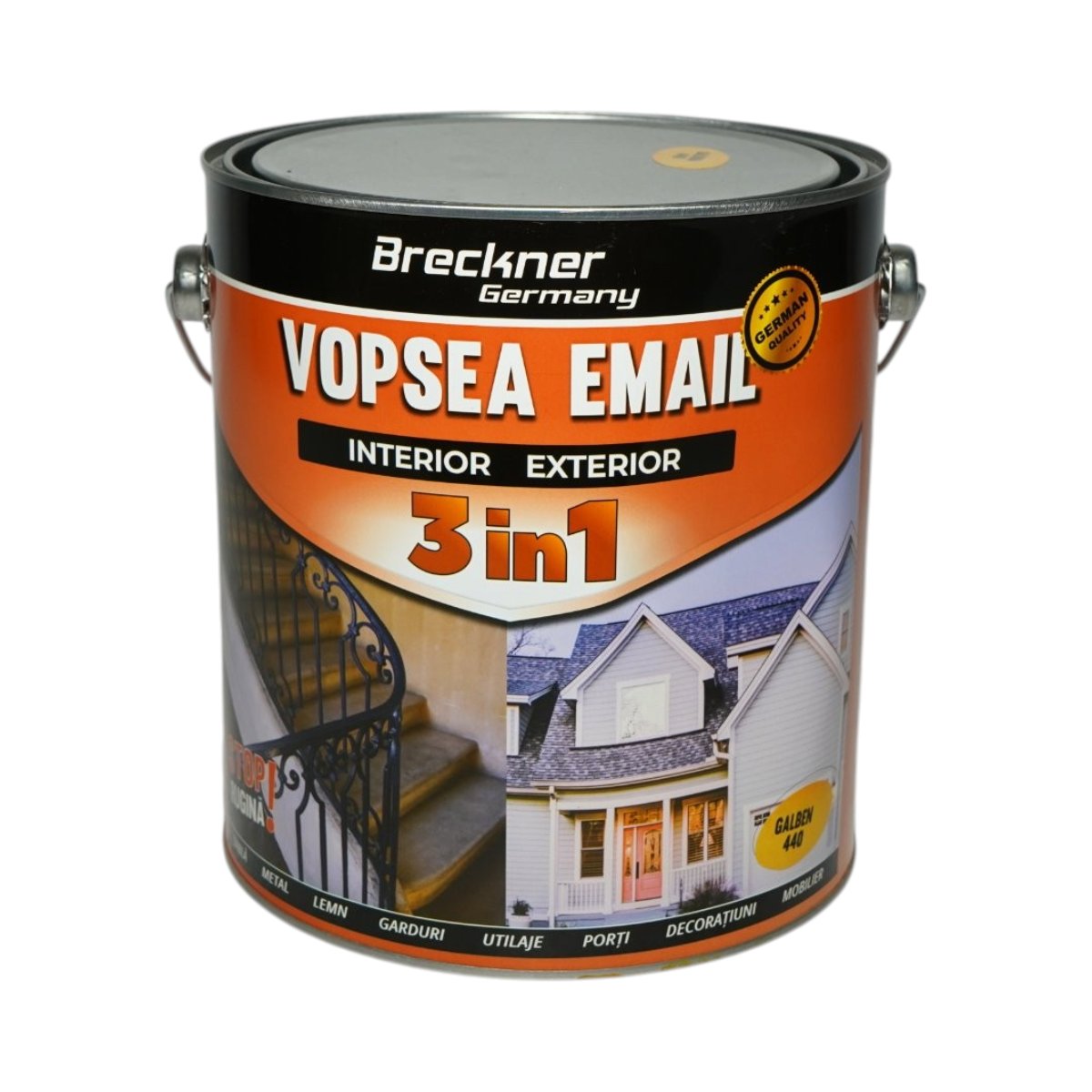 Vopsea email anticoroziva 3 in 1 galben 440 pe baza de solvent 3.5L, direct pe rugina, interior si exterior Breckner Germany