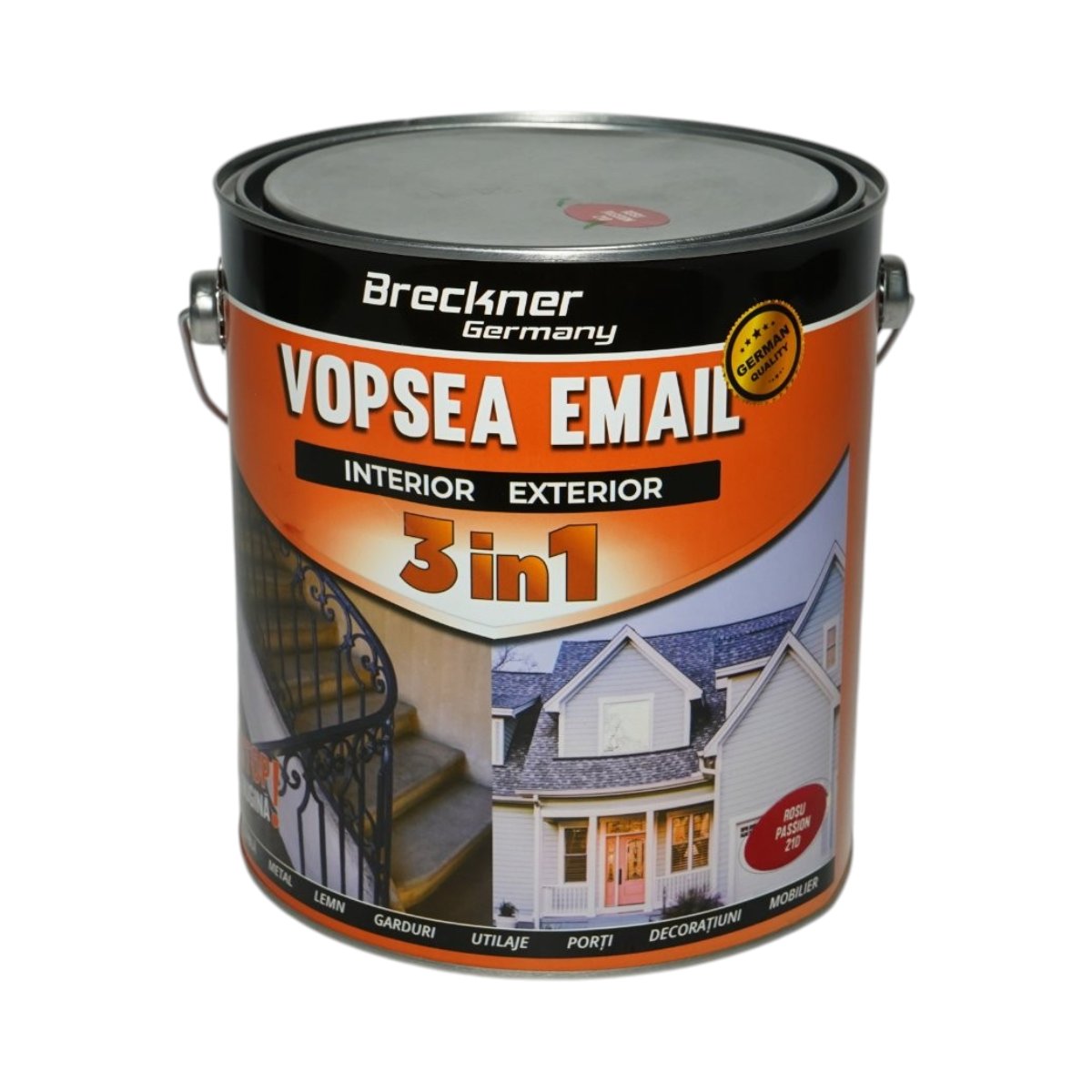 Vopsea email anticoroziva 3 in 1 rosu passion 21D pe baza de solvent 3.5L, direct pe rugina, interior si exterior Breckner Germany