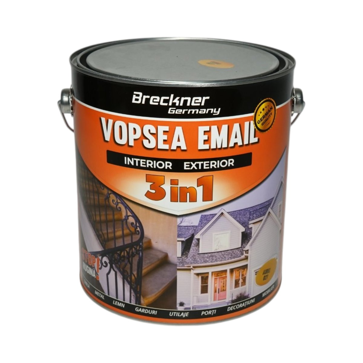 Vopsea email anticoroziva 3 in 1 auriu 027 pe baza de solvent 3.5L, direct pe rugina, interior si exterior Breckner Germany
