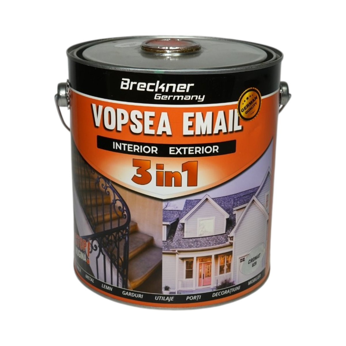 Vopsea email anticoroziva 3 in 1 crom metalizat 029 pe baza de solvent 3.5L, direct pe rugina, interior si exterior Breckner Germany