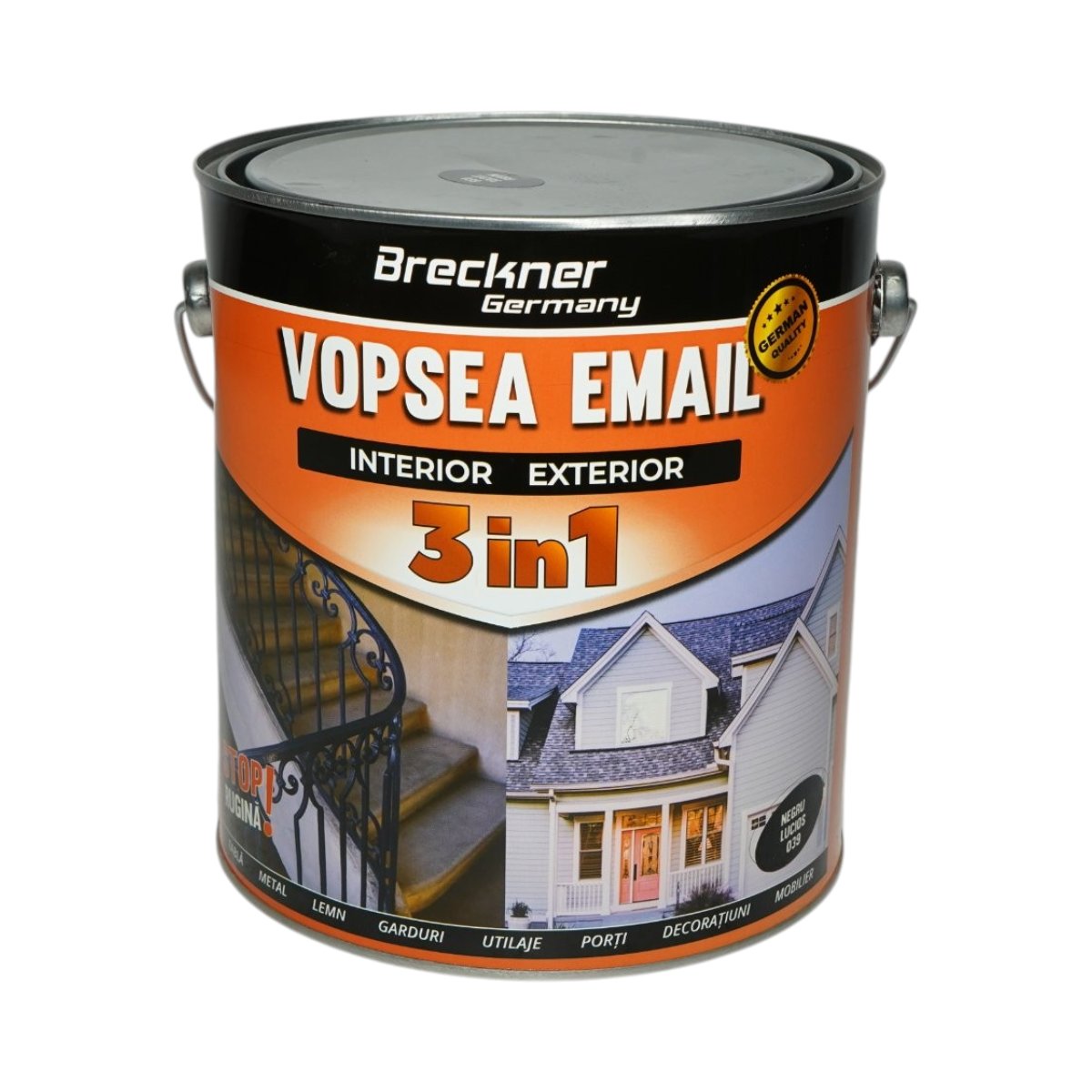 Vopsea email anticoroziva 3 in 1 negru lucios 039 pe baza de solvent 3.5L, direct pe rugina, interior si exterior Breckner Germany