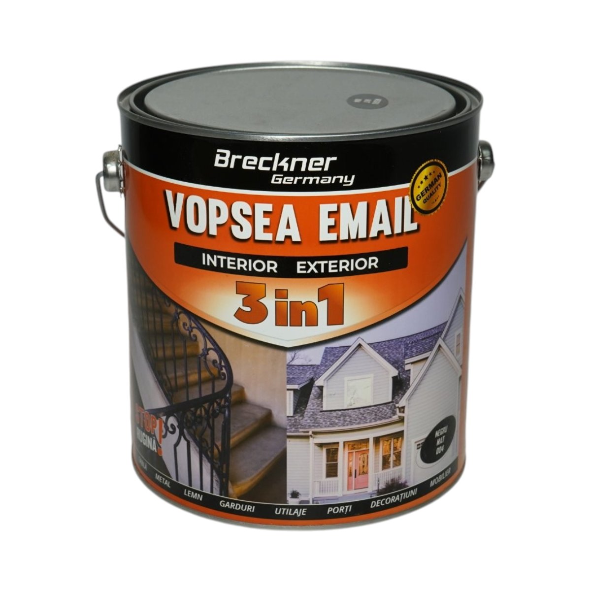 Vopsea email anticoroziva 3 in 1 negru mat 004 pe baza de solvent 3.5L, direct pe rugina, interior si exterior Breckner Germany