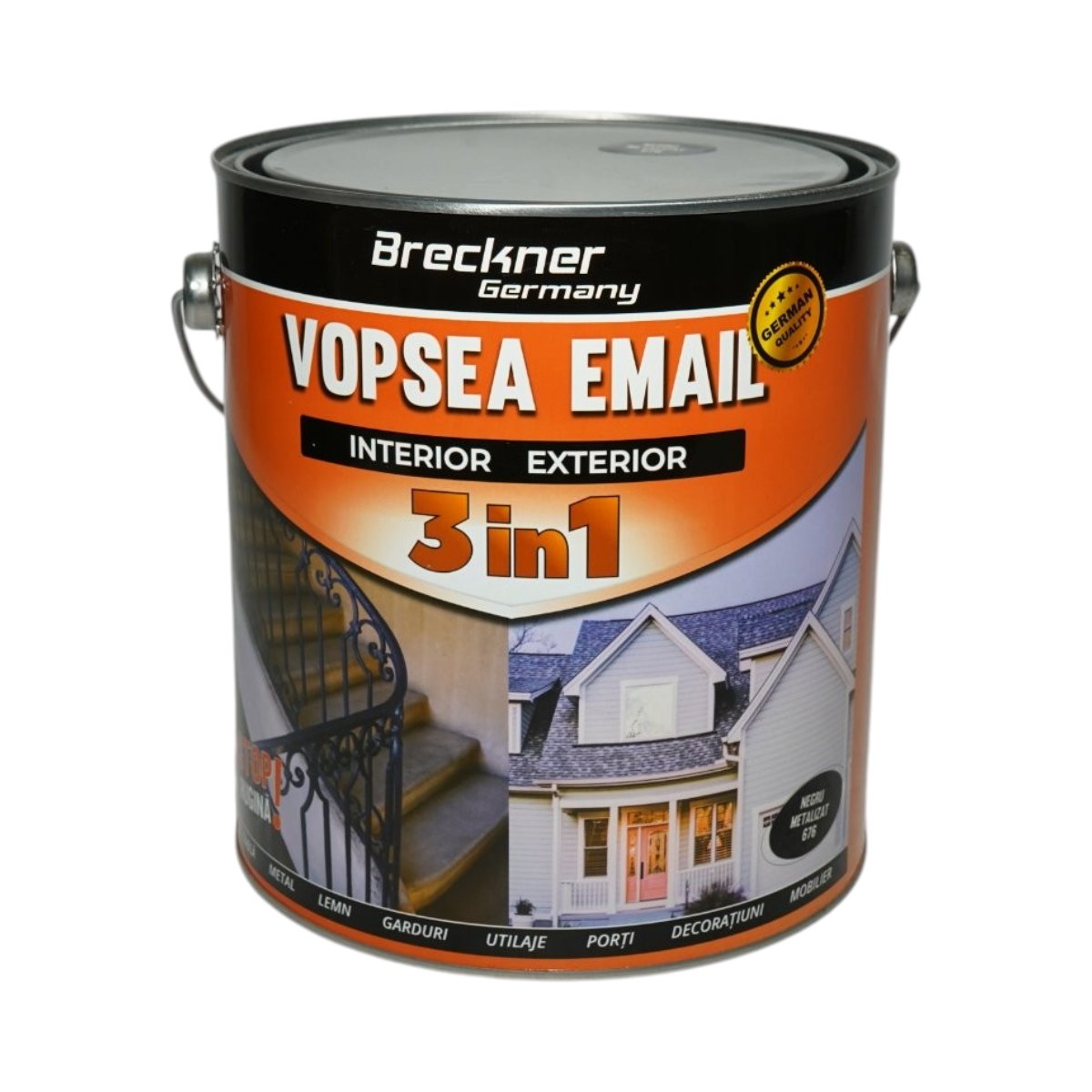 Vopsea email anticoroziva 3 in 1 negru metalizat 676 pe baza de solvent 3.5L, direct pe rugina, interior si exterior Breckner Germany