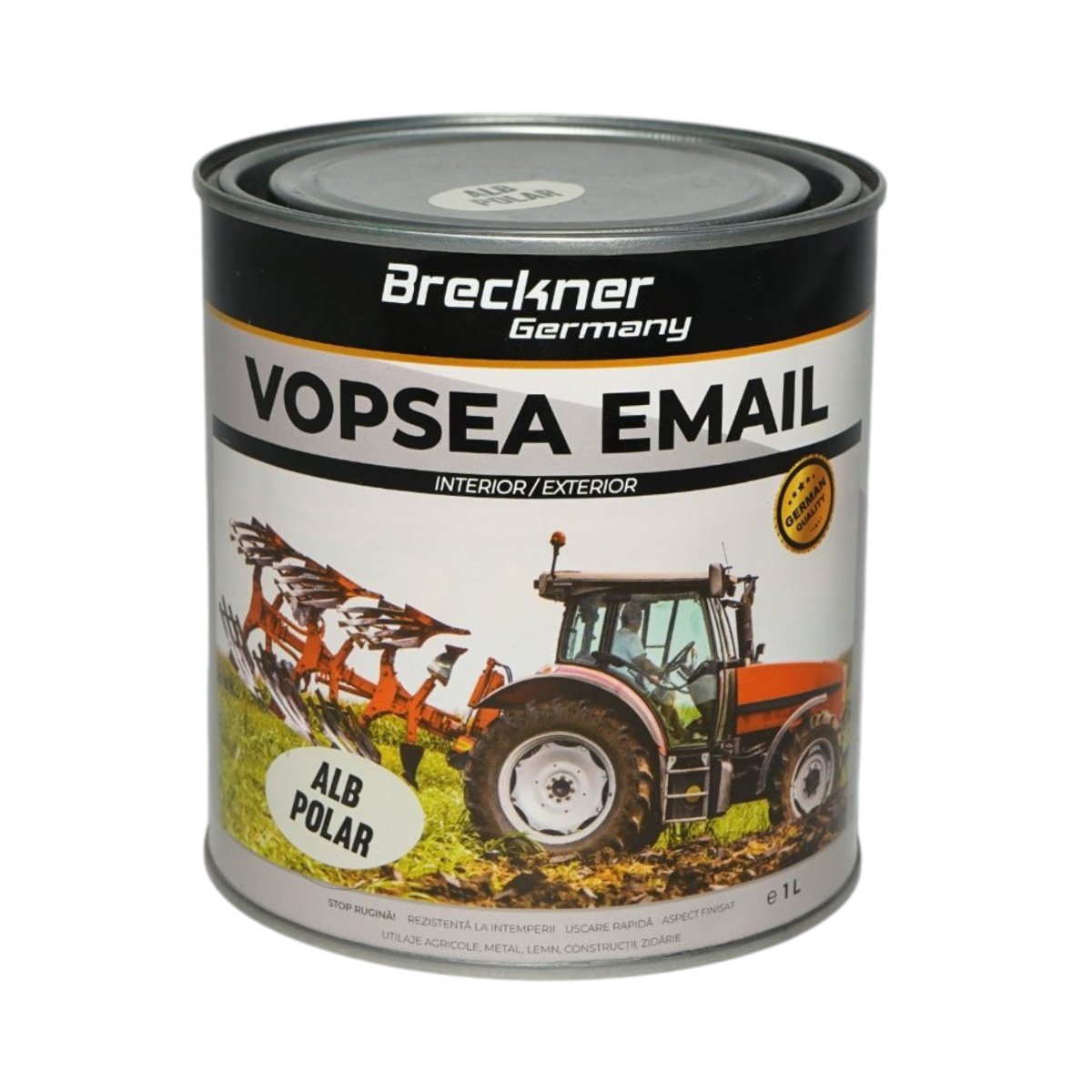 Vopsea email anticoroziva 3 in 1 alb polar 1K pe baza de solvent 1L, direct pe rugina, interior si exterior Breckner Germany