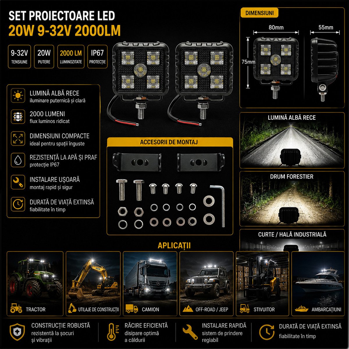 Set 2 proiectoare patrate LED 20W, 9-32V, 5700K, 2000lm, carcasa aluminiu 80x55x74mm IP67 Breckner Germany - imagine 3