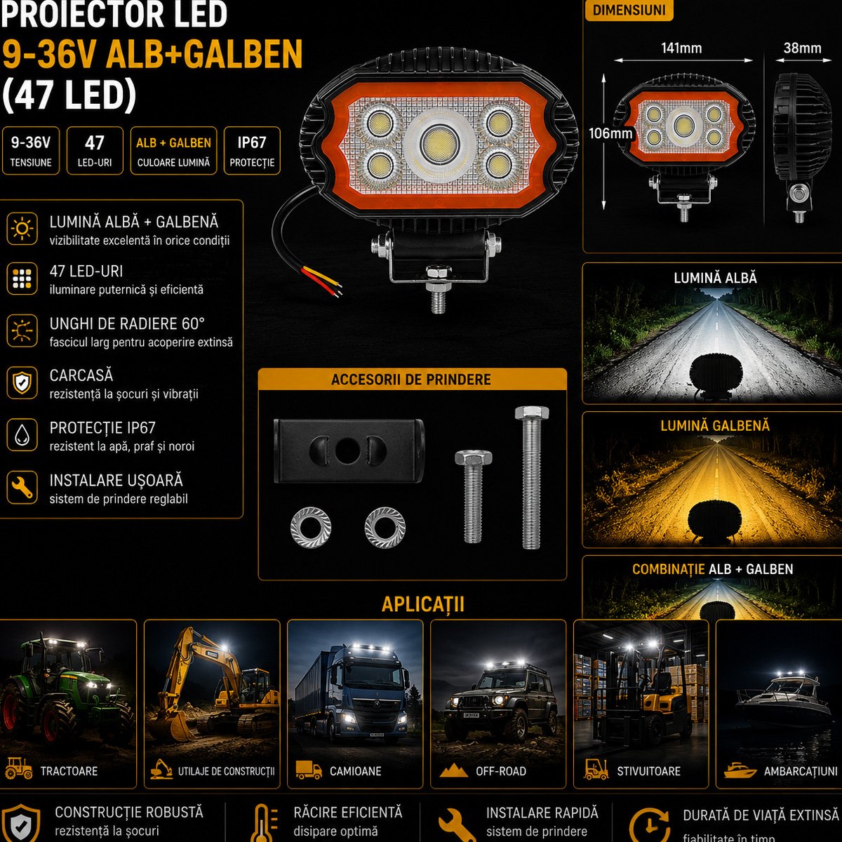 Proiector oval LED cu DRL 17W, 9-36V, 47 LED-uri, alb-galben, carcasa aluminiu 141x106x38mm IP67 Breckner Germany - imagine 3