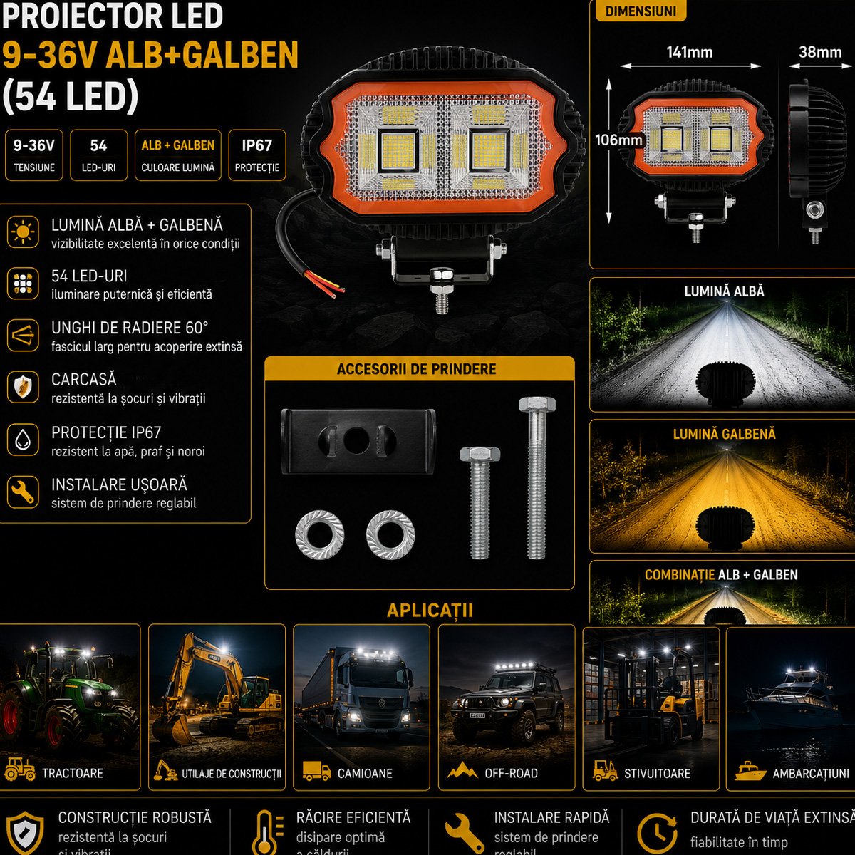 Proiector oval LED cu DRL 17W, 9-36V, 54 LED-uri, alb-galben, carcasa aluminiu 141x106x38mm IP67 Breckner Germany - imagine 3
