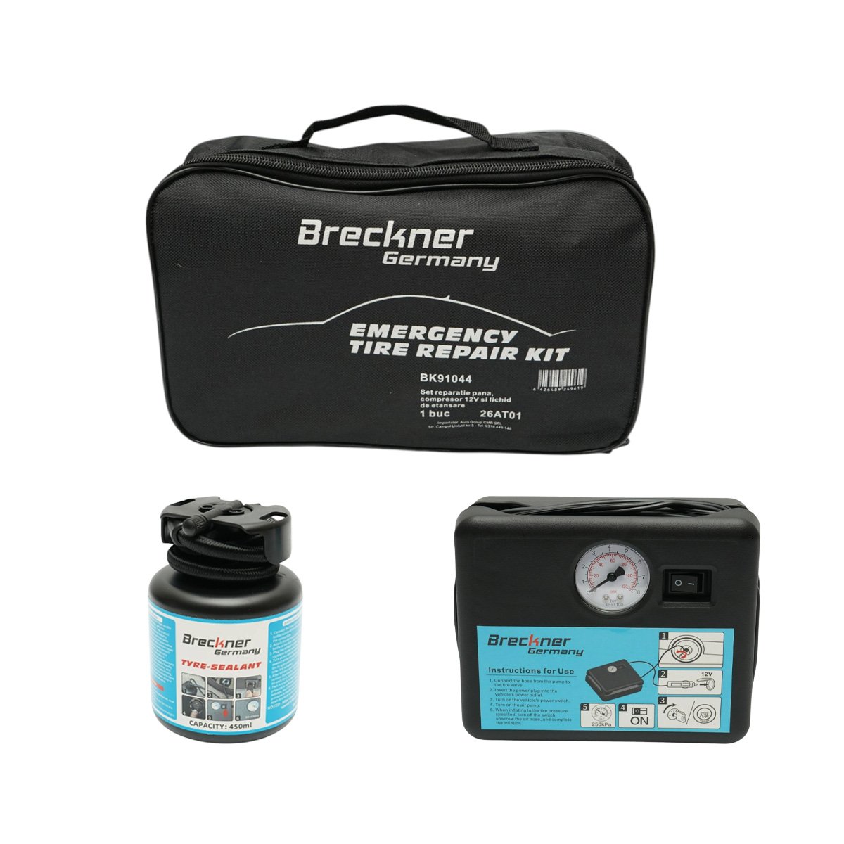 Kit reparatie pana anvelope cu compresor 12V si solutie etansare 450ml Breckner Germany