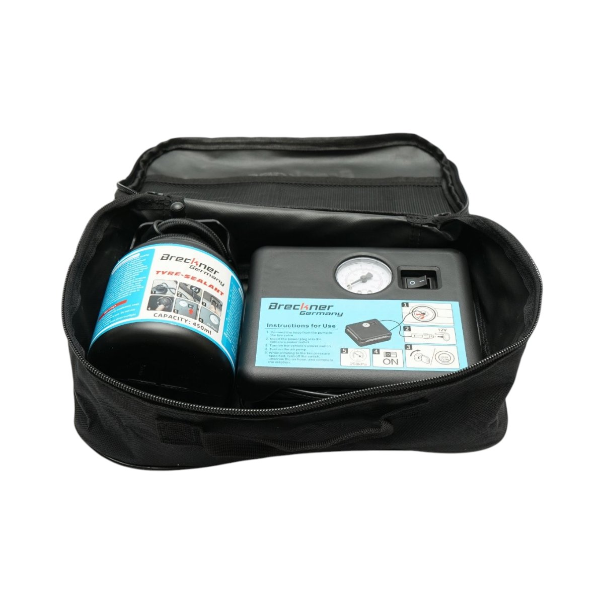 Kit reparatie pana anvelope cu compresor 12V si solutie etansare 450ml Breckner Germany - imagine 2