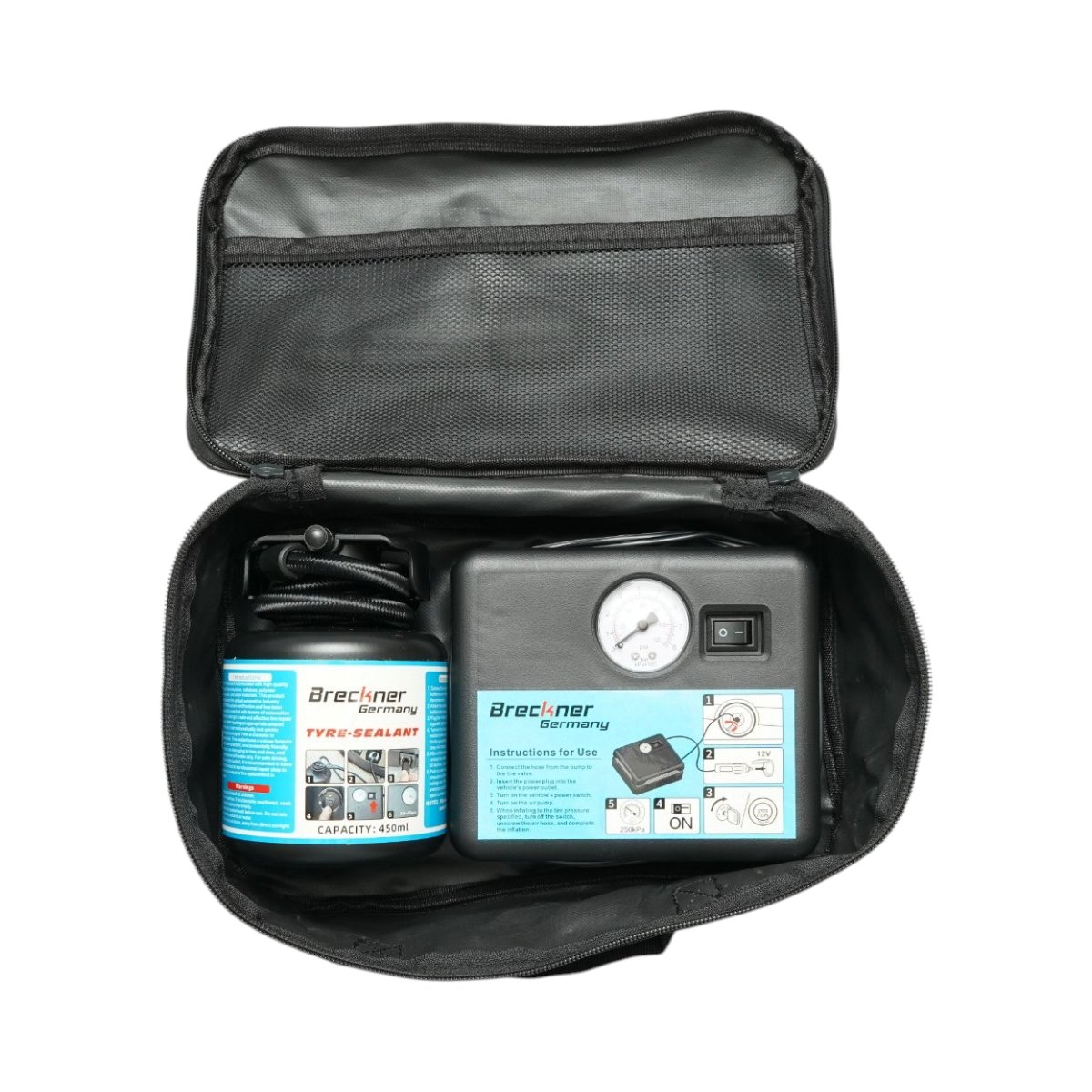 Kit reparatie pana anvelope cu compresor 12V si solutie etansare 450ml Breckner Germany - imagine 3