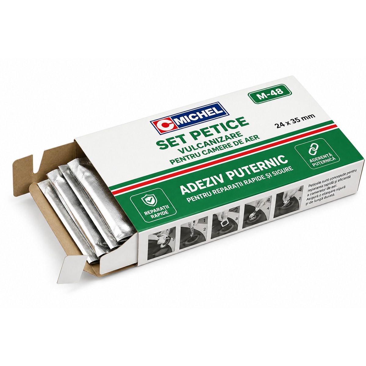 Set 48 petice vulcanizare ovale 24x35mm + 1 tub adeziv 20ml pentru camere de aer M-48 Michel - imagine 4