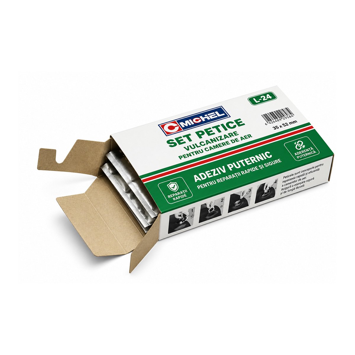 Set 24 petice vulcanizare ovale 35x52mm + 1 tub adeziv 20ml pentru camere de aer L-24 Michel - imagine 4