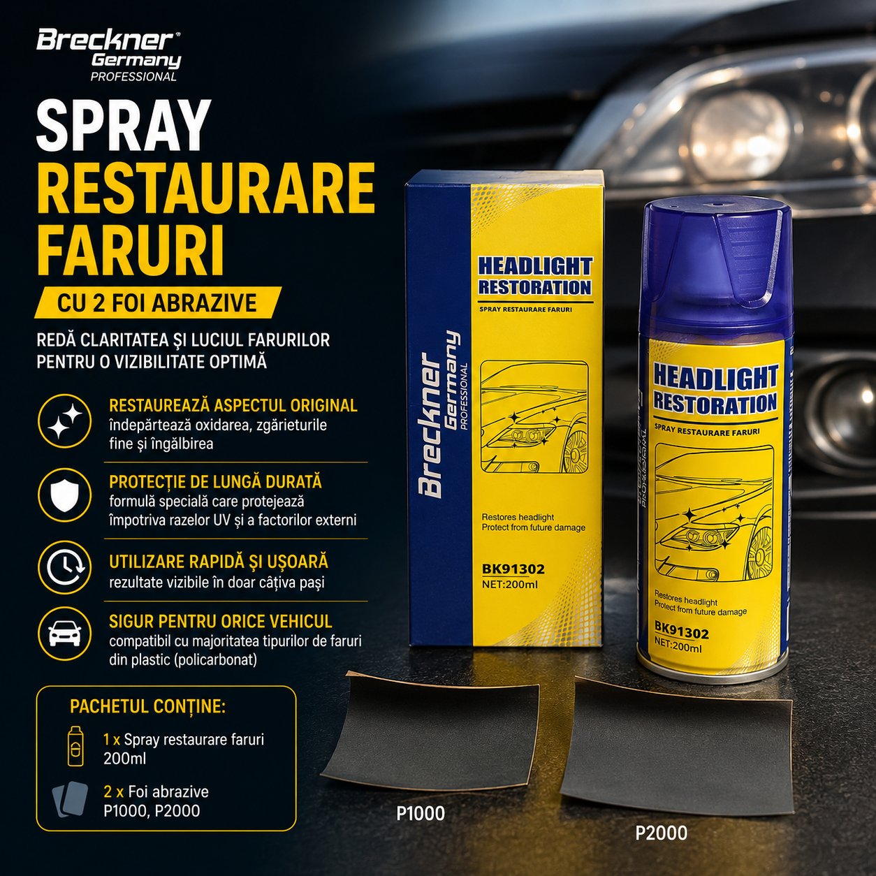 Spray restaurare faruri cu 2 foi abrazive 200ml Breckner Germany - imagine 4