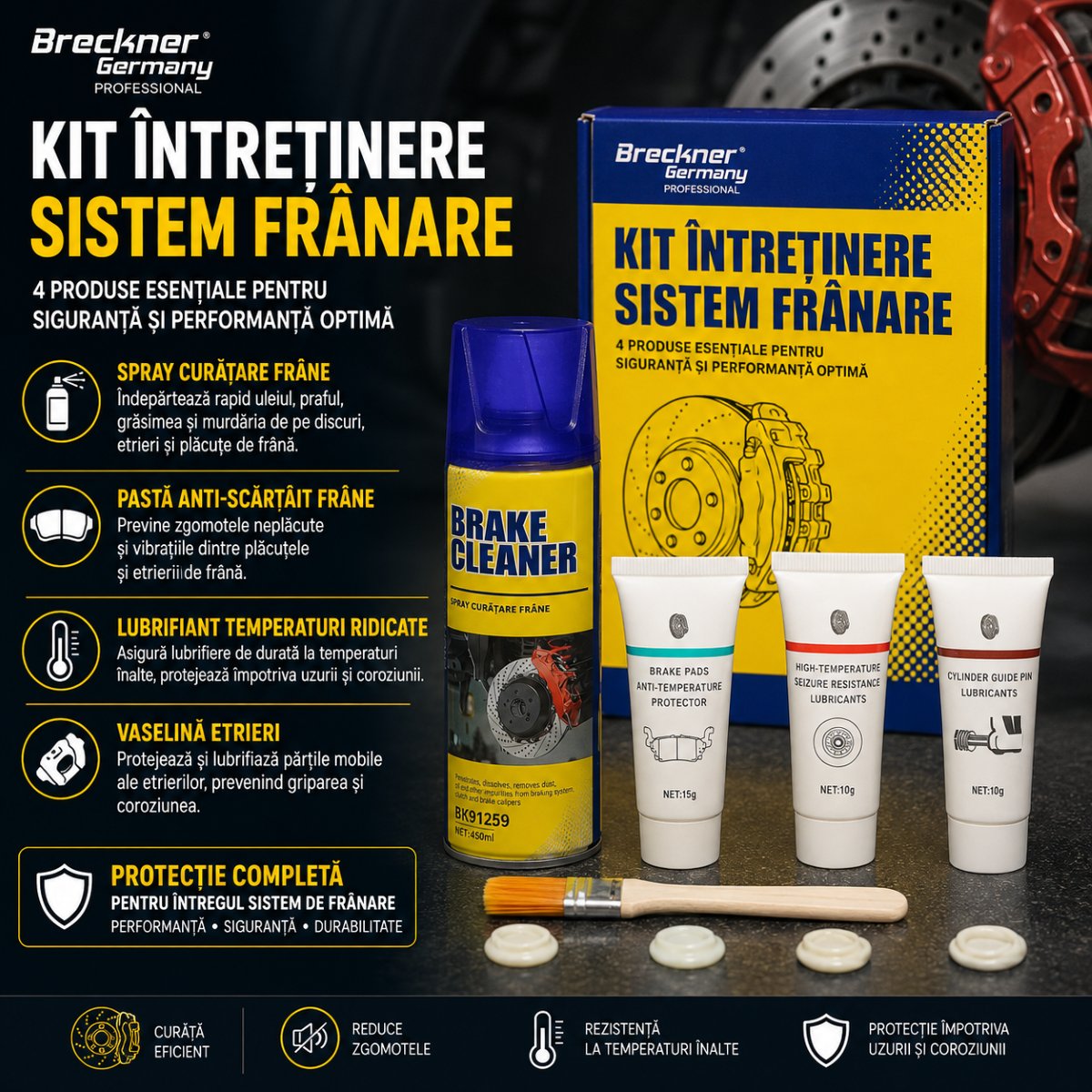 Kit intretinere sistem franare cu spray curatare frane, pasta anti-scartait, lubrifiant temperaturi ridicate si vaselina etrieri Breckner Germany - imagine 6