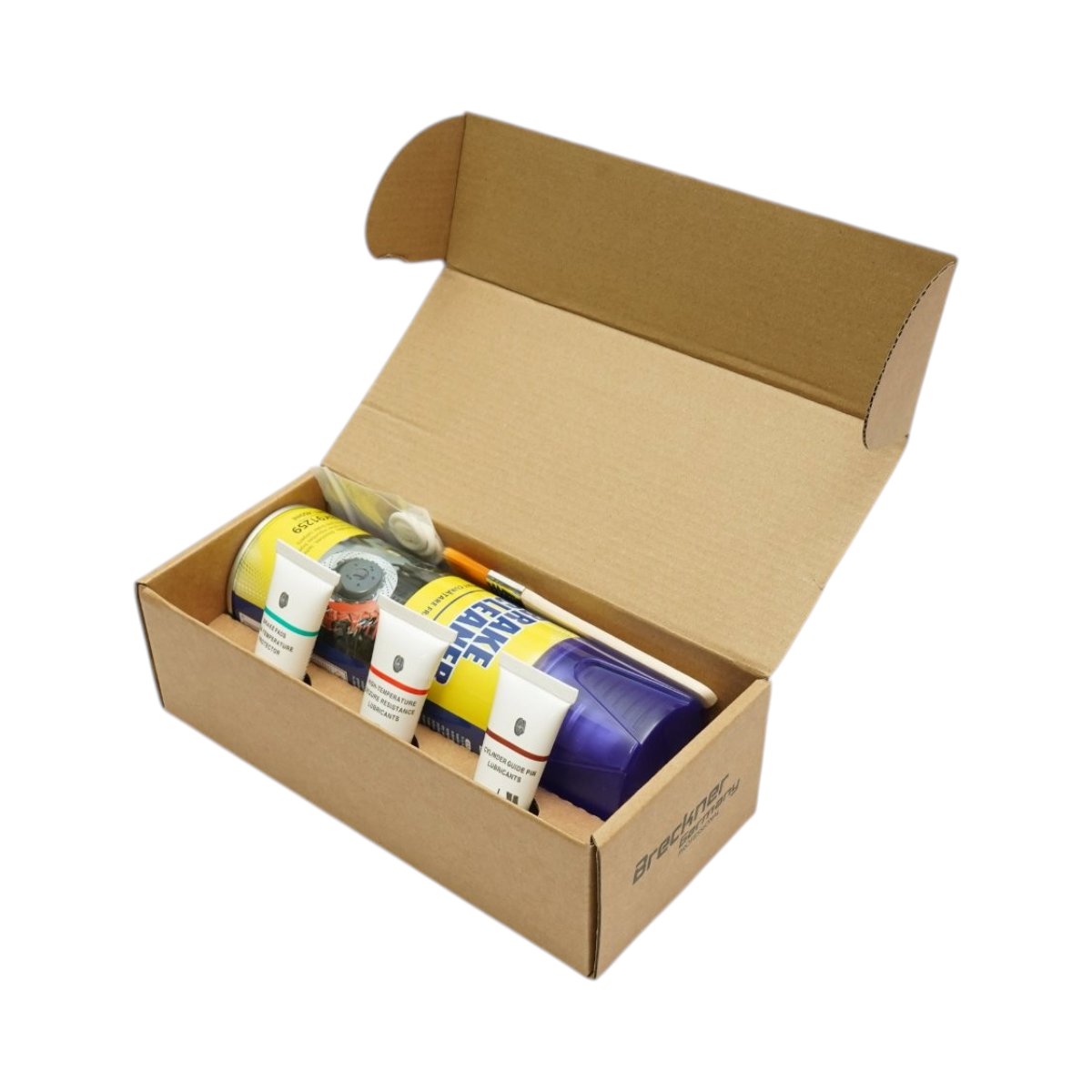 Kit intretinere sistem franare cu spray curatare frane, pasta anti-scartait, lubrifiant temperaturi ridicate si vaselina etrieri Breckner Germany - imagine 2