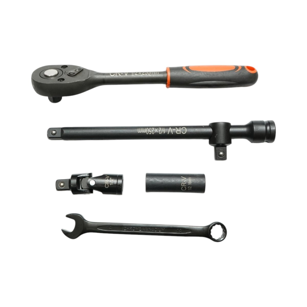 Trusa chei tubulare 8-32mm si chei combinate fixe-inelare 6-19mm, antrenor cu clichet, prelungitor T 250mm, cardan 1/2 inch Cr-V 37 piese Breckner Germany - imagine 5