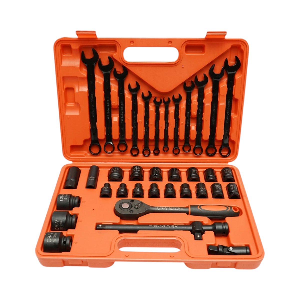 Trusa chei tubulare 8-32mm si chei combinate fixe-inelare 6-19mm, antrenor cu clichet, prelungitor T 250mm, cardan 1/2 inch Cr-V 37 piese Breckner Germany