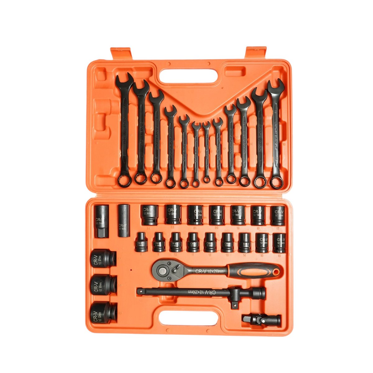 Trusa chei tubulare 8-32mm si chei combinate fixe-inelare 6-19mm, antrenor cu clichet, prelungitor T 250mm, cardan 1/2 inch Cr-V 37 piese Breckner Germany - imagine 2