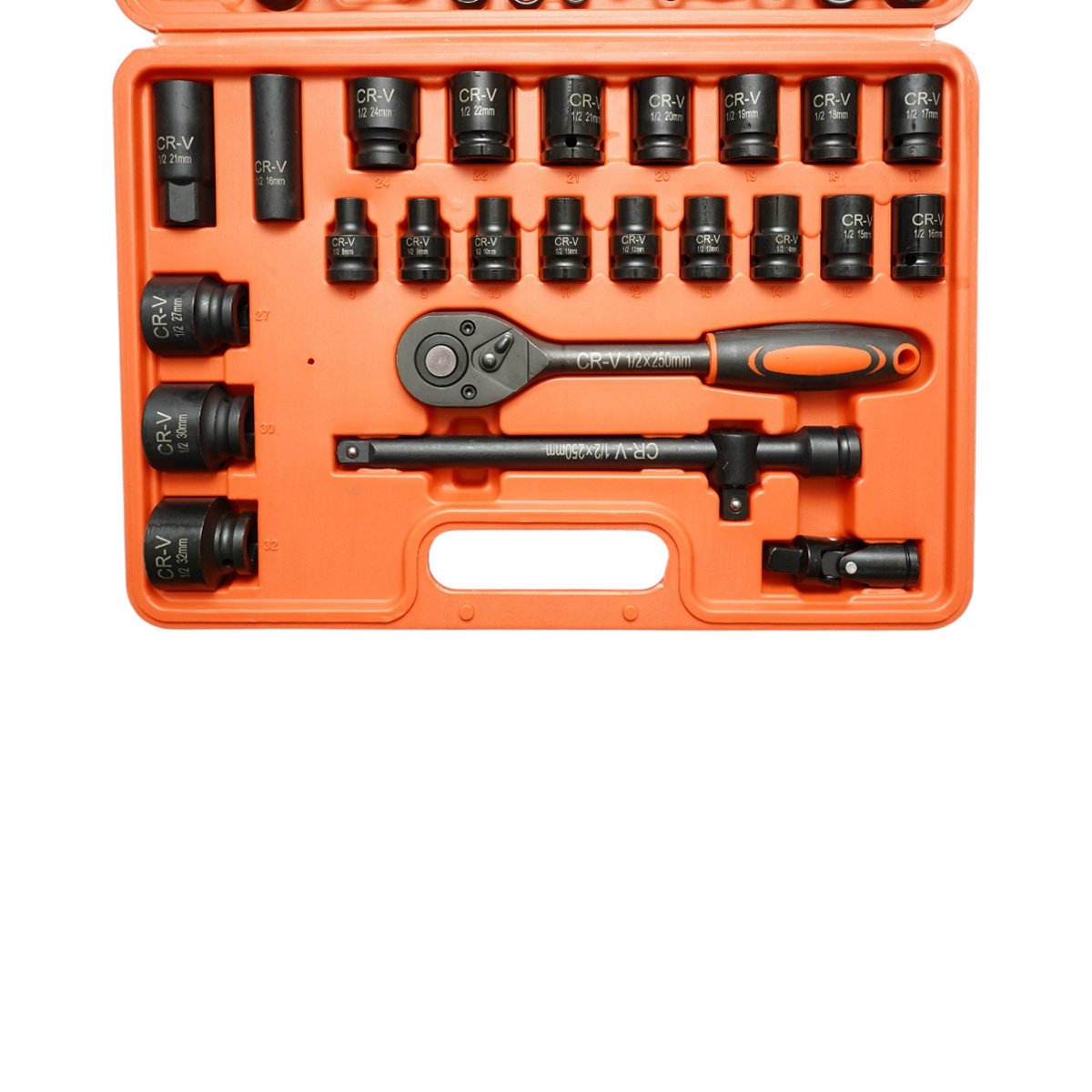Trusa chei tubulare 8-32mm si chei combinate fixe-inelare 6-19mm, antrenor cu clichet, prelungitor T 250mm, cardan 1/2 inch Cr-V 37 piese Breckner Germany - imagine 4