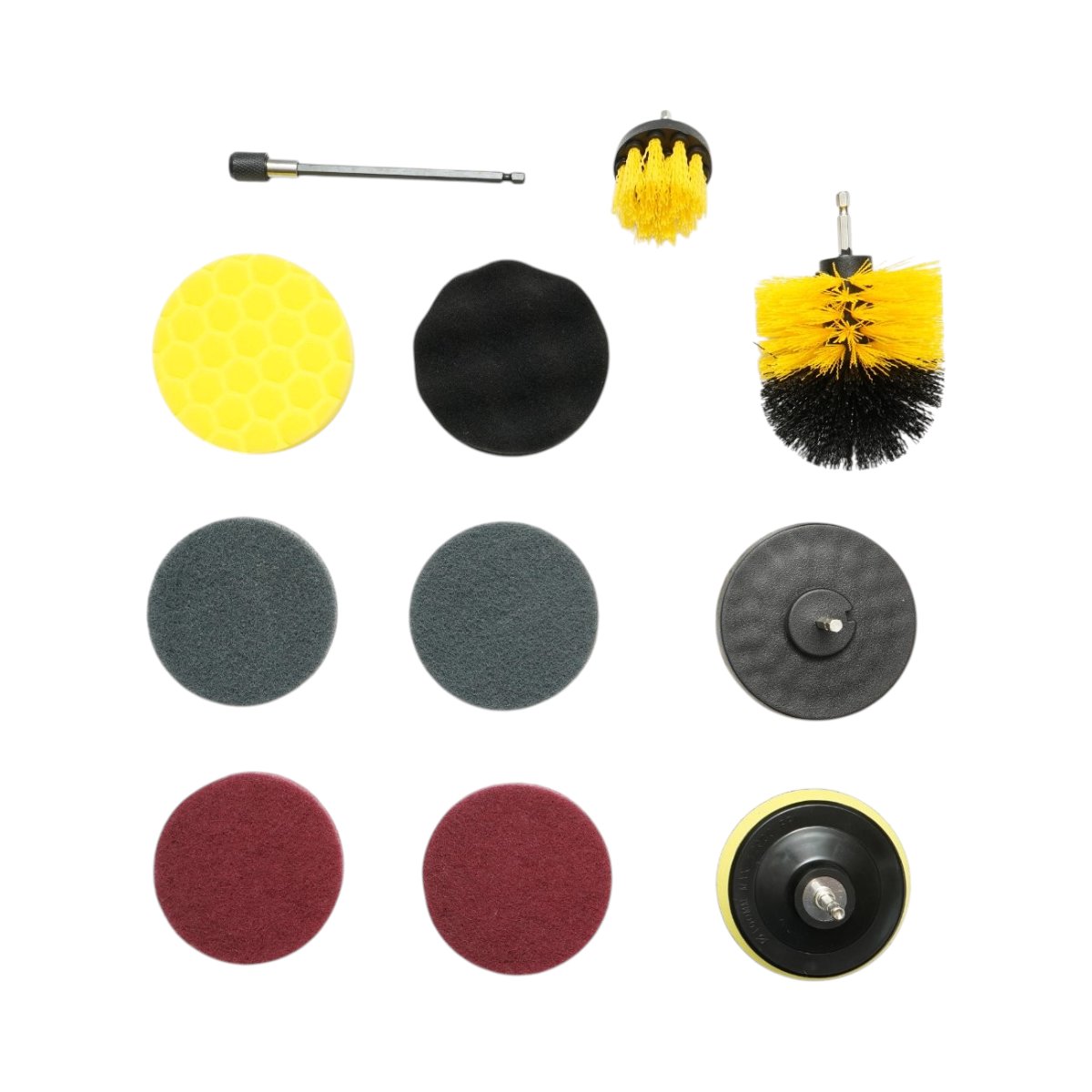 Set perii rotative pentru curatare si polisare cu bormasina 50mm, 90mm, 100mm, bureti polisare, pad-uri abrazive, suport Velcro, prelungitor, prindere 1/4 inch, 12 piese Breckner Germany