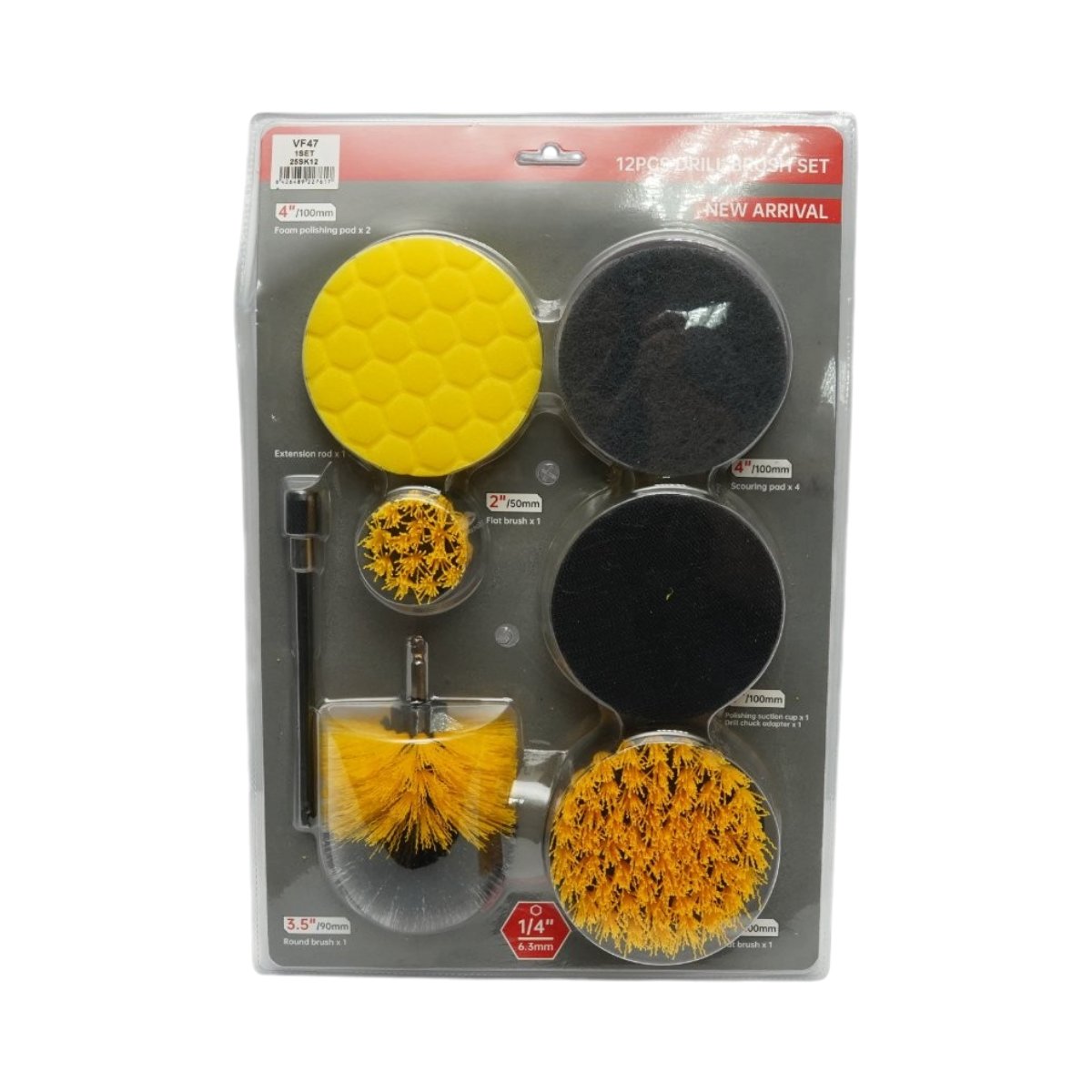 Set perii rotative pentru curatare si polisare cu bormasina 50mm, 90mm, 100mm, bureti polisare, pad-uri abrazive, suport Velcro, prelungitor, prindere 1/4 inch, 12 piese Breckner Germany - imagine 2