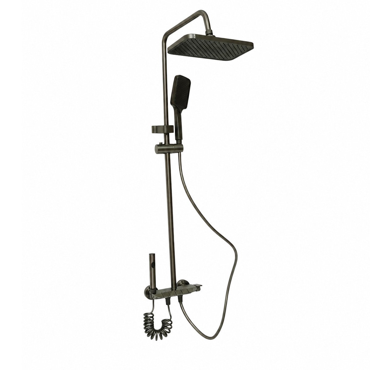 Set dus multifunctional cu termostat, 4 functii de curgere a apei, pipa cada, dus dreptunghiular tip ploaie, para de dus, dus bideu, grafit mat, aluminiu - imagine 4