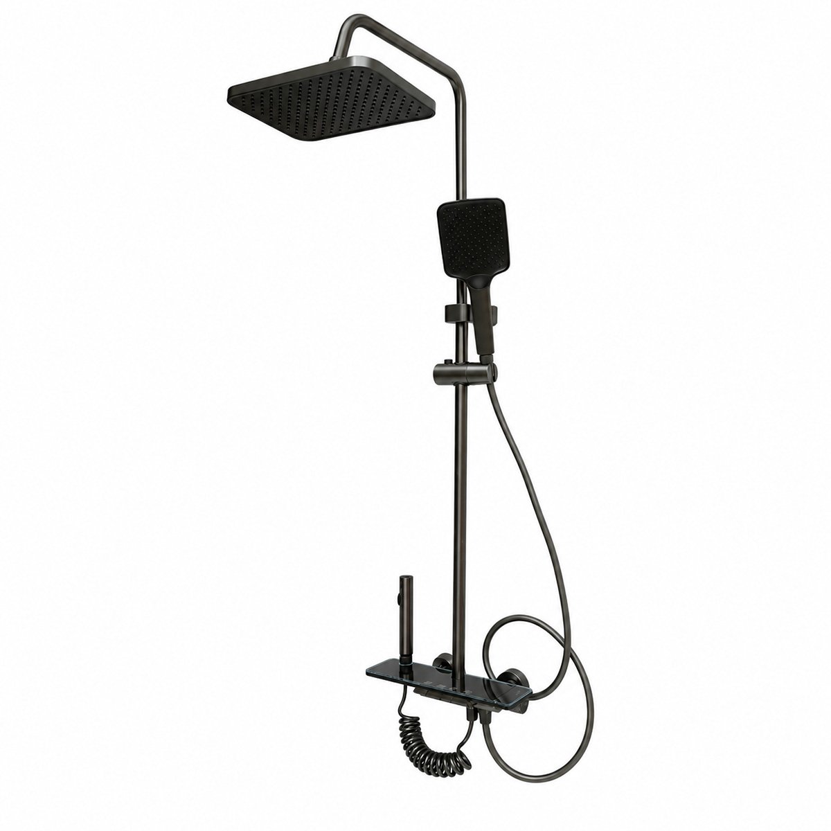 Set dus multifunctional cu termostat, 4 functii de curgere a apei, pipa cada, dus dreptunghiular tip ploaie, para de dus, dus bideu, grafit mat, aluminiu